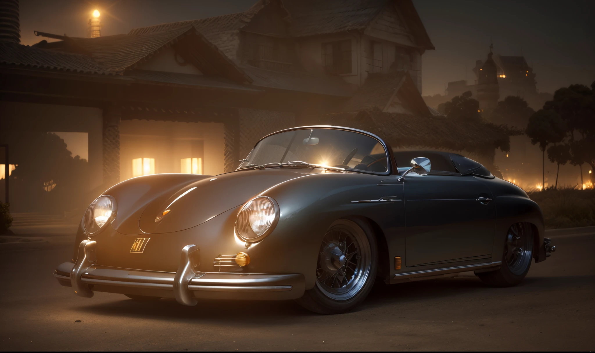 Um imponente e poderoso Porsche 356 Speedster com rodas estilizadas e alongadas, Lighthouses illuminated against the background of beautiful mansions in sunny California, no tempo chuvoso, rua reflexiva, A dystopian futuristic Dieselpunk metropolis with lots of Art Deco architecture, atmosfera sombria, lighting dramatic, foco nítido, qualidade 8k, Foto RAW