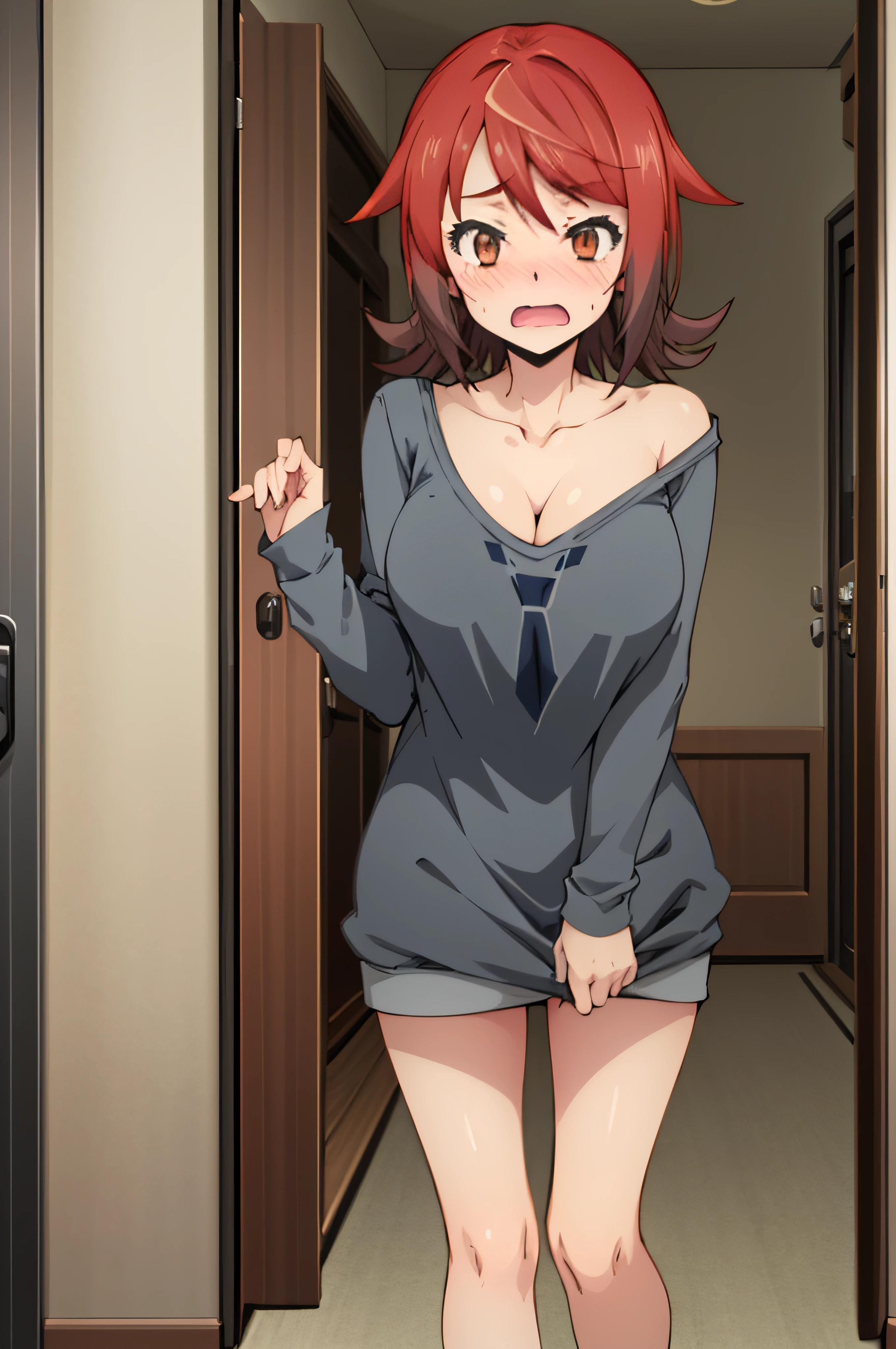 retto_enjou_girl, 1girl, red hair, solo, short hair, red eyes, oversized shirt, cleavage, embarrassed, blush, wavy open mouth, no pants