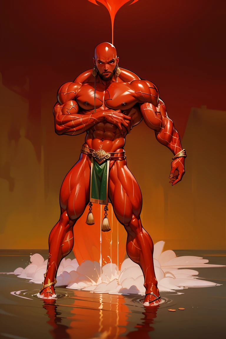((Confident pose:1.5)), a painting of a (((muscular))) man with water Aura, large body of water surrounds man, The God Poseidon, ((thick muscular thighs)), The God of the Sea, gold loincloth, divine, ((colored red skin)), colored skin, ((red skin:1.5)),((red face)), ((red legs)), ((red arms)), ((red feet)), Like an Atlantean, ((no hair)), veiny biceps, chiseled abs, muscular legs, bald head, masterpiece, 8k