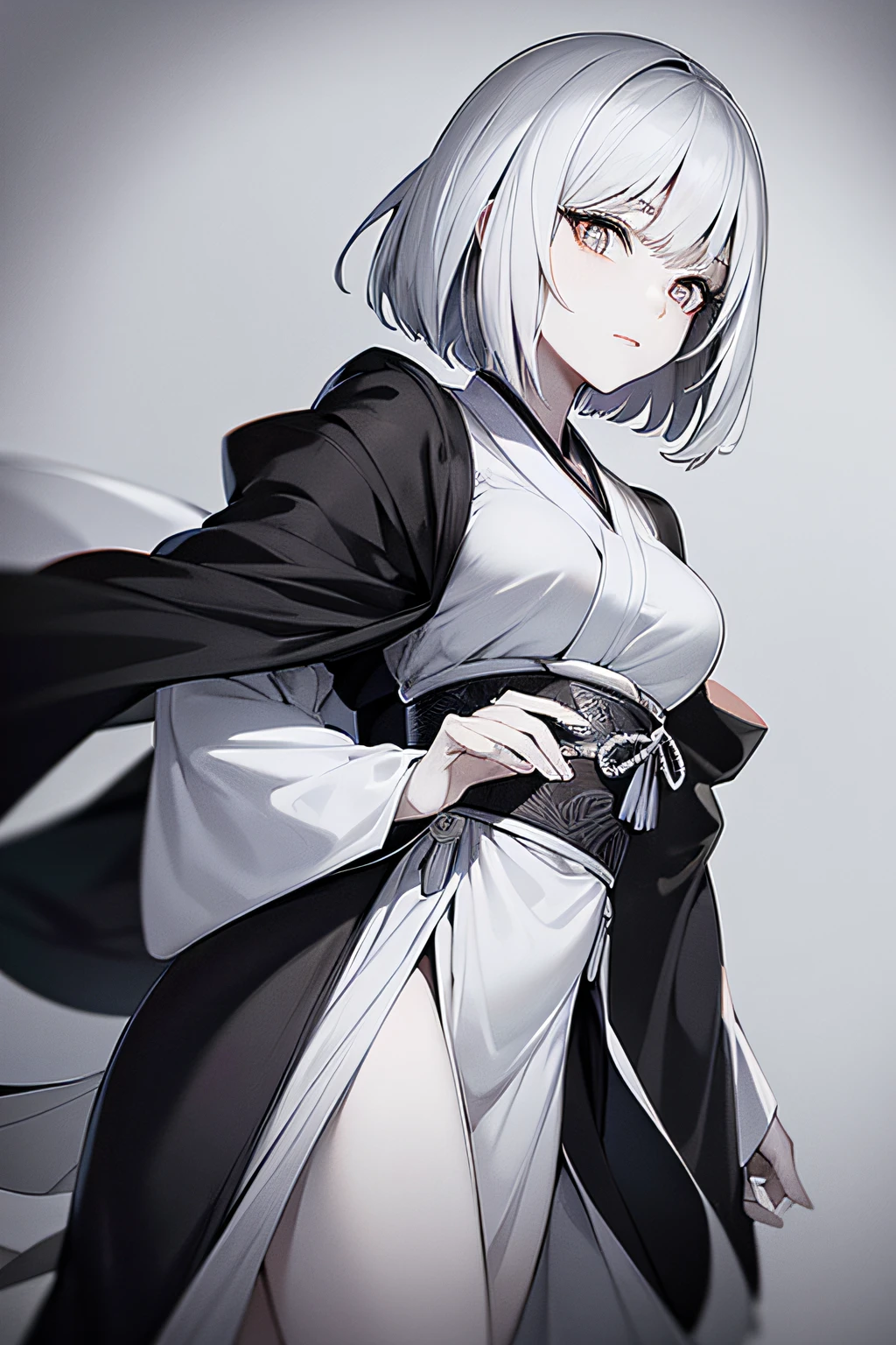 Black and white pen drawing of a female anime character with short hair, dressed in a kimono, depicted in full-length on parchment, inspired by the aesthetics of Margarita Robert (0.25), Angelina Jolie (0.25), and Keira Knightley (0.25), fine details, realistic shading, traditional manga style, --style raw, --ar 1:1, --v 5.2, --s 750, --q 2.
