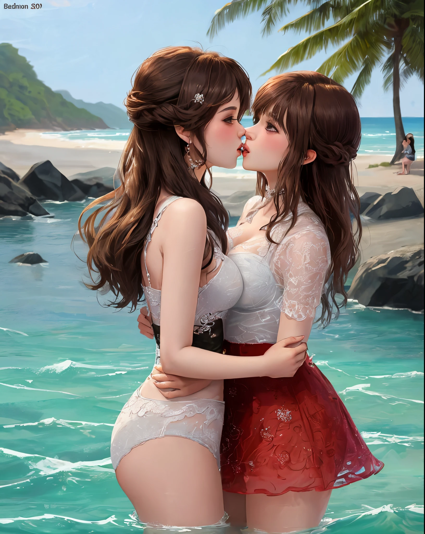 Mc melody a cantora e a atriz Larissa manoela, as duas juntas somente de calcinha e se beijando na praia.