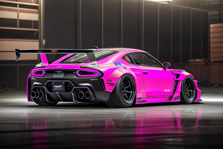 Supercar concept art((neon pink and black splash paintwork)), LB-Silhouette WORKS body kit, inspired by Forza Horizon, Gran Turismo and need for speed, trending on artstation and speed hunters, cgsociety, custom design build, cinematic composition, depth of field, wide angle, HDR studio light, tactical bodywork for supreme aerodynamics, 3ds max, corona render, sharp, focus, menacing look, large rear spoiler, high performance enhanced exhaust system, ((liberty walk body kit)); photo realistic, ray tracing, subsurface scattering, directional lighting, hazy and atmospheric, ominous, stealth built, insanely detailed racing interior, (((derelict warehouse background))), post apocalyptic design, 4k wallpaper, unparalleled detail, racing, Real Driving Simulator game,