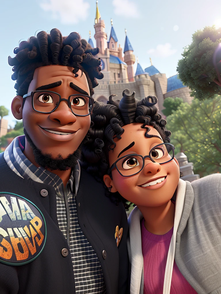 Black man with glasses, black woman without glasses Disney Pixar poster with curly hair in high resolution