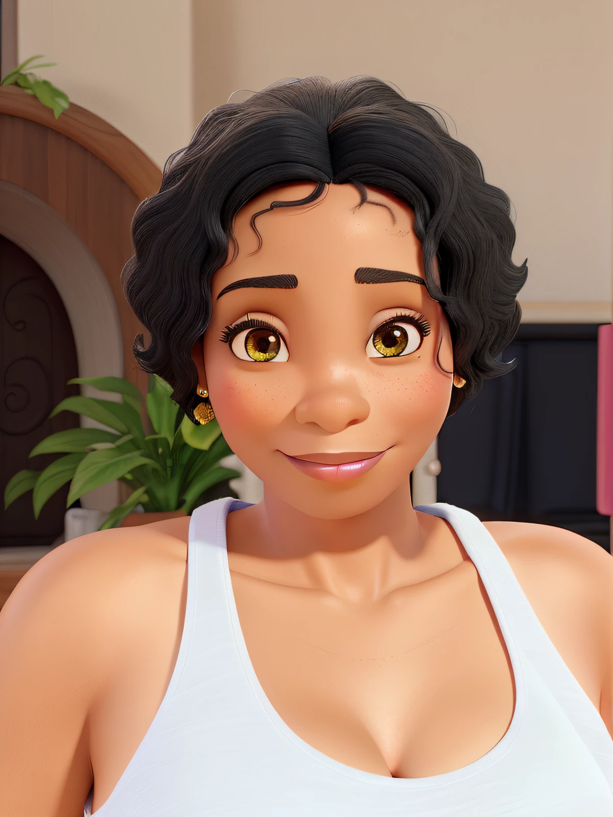 Create the image of a black woman, 55 years old, black hair, with slightly greenish brown eyes, a calm look, a slightly hidden smile, just like Monaliza's filmes Disney Pixar