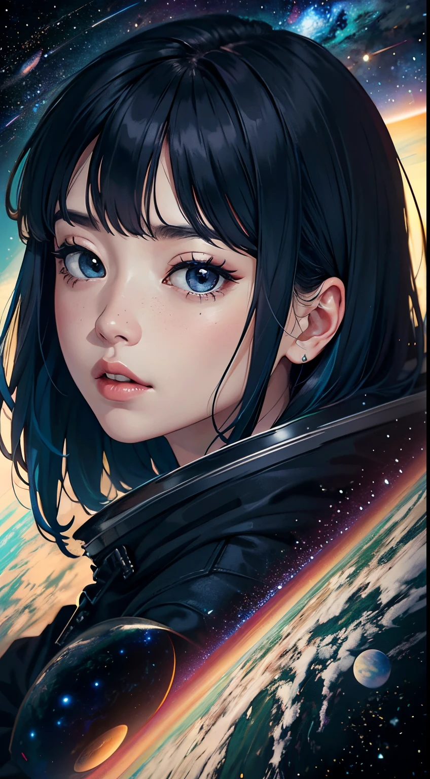 Best Quality, Detailed, 4k, RAW photo, Masterpiece, Detailed Face,, Stars, planets, galaxy, Space,, Photo by Anisemar, flying in space, Blue hair, Bangs, Long hair, looking a viewer,