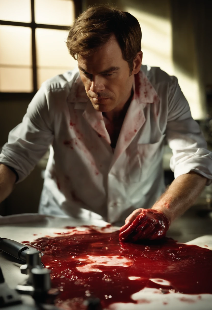 A photo of Dexter carefully examining a blood-soaked shirt under a microscope,original,michael c hall