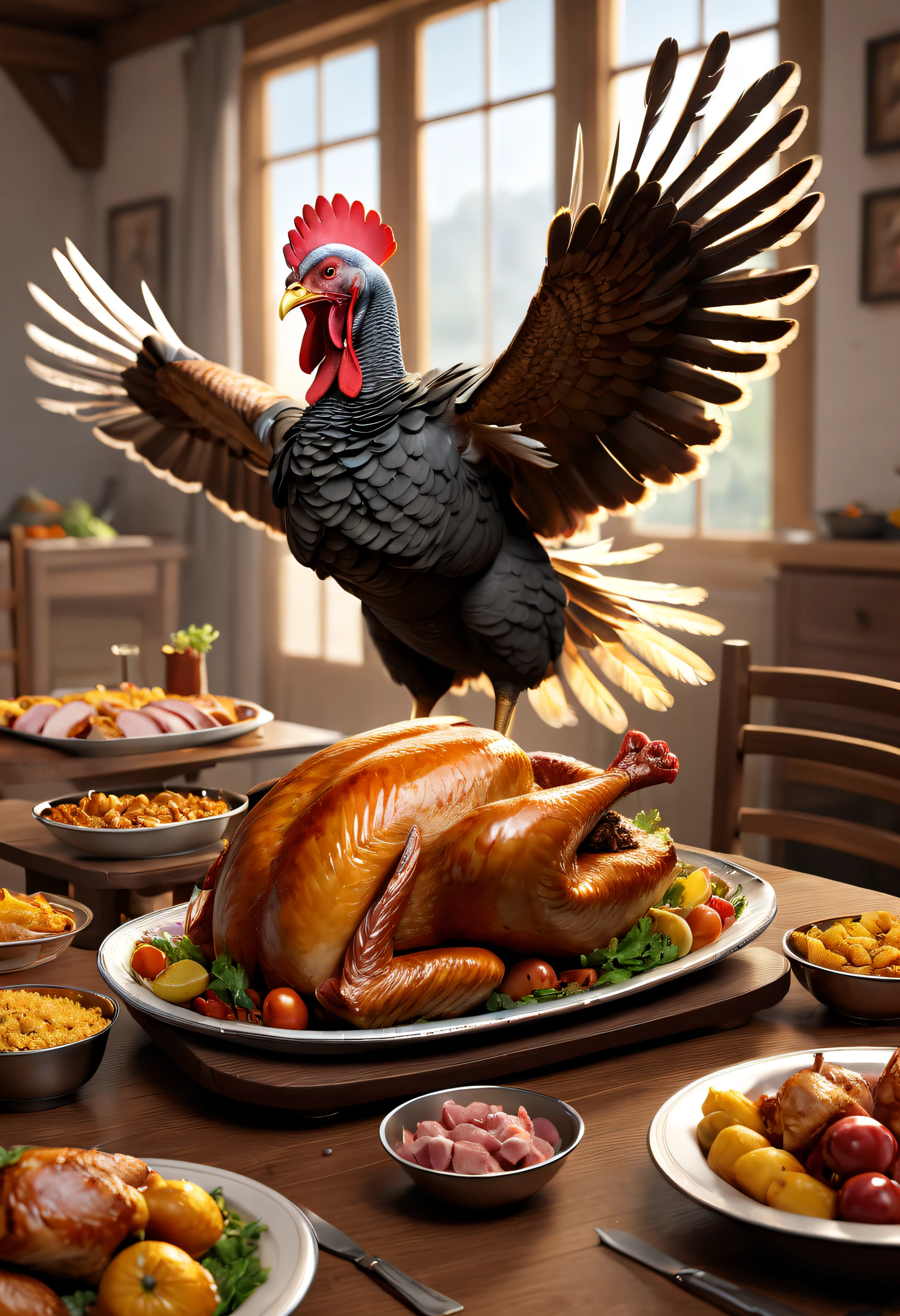 best qualityer,4K,8K,A high resolution,tmasterpiece:1.2,ultra - detailed,actual:1.3 illustrations,a turkey fighting:1.37，angry turkey，Cartoon turkey, Strong dynamic posture:1.2，Fighting posture，broken dining table，flying chicken feathers:1.2，《Turkey Story》，Cartoon anime，ultra-realistic realism