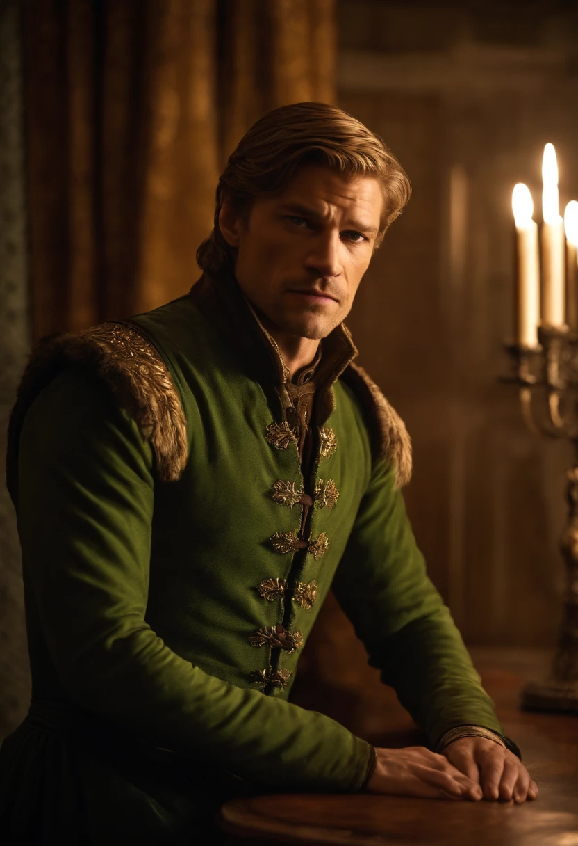 A photo of Jaime standing in front of a mirror, admiring his reflection with a smug expression on his face.,Game of Thrones TV series,Jaime is handsome, blonde, with green eyes, and a golden hand, famously portrayed by Nikolaj Coster-Waldeau