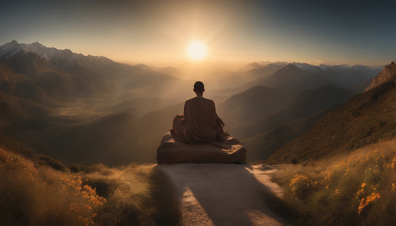 (Best quality at best,4K,8K,A high resolution,tmasterpiece:1.2),ultra - detailed,(actual,realisticlying,Photorealistic:1.37), Transcendent, sacred geometry, flower of life, Ascension, mont, A man stands at the top of a mountain, Gaze at the majestic mountain peaks,Peaceful mountain view, Merkaba dancing in the sky, above the man's head, Sunlight illuminates sacred patterns,Ascend to a higher dimension,Extraordinary energy radiates from the mountain,Majestic mountains bathed in golden light,Sacred symbolism blends harmoniously with the grandeur of nature,The view from the top is stunning,journey of enlightenment,An ethereal atmosphere enveloped the entire scene,The sublime connection between nature and spirituality,Serenity and serenity merge with sacred geometry.