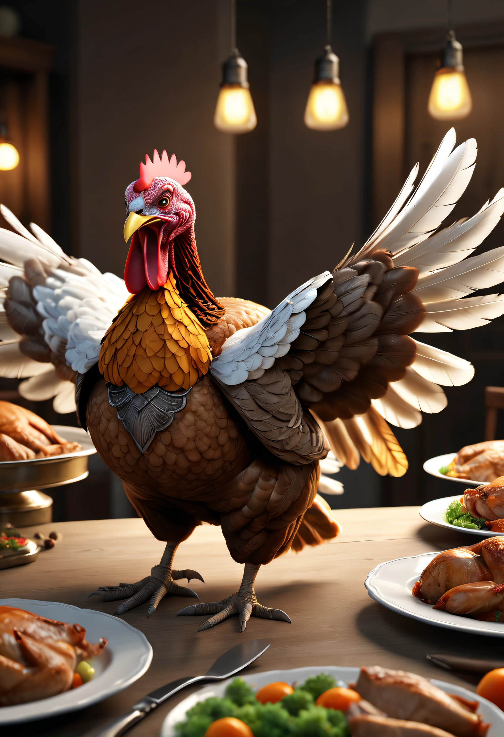 ((giant fried raptor dinosaur turkey standing at full beautiful dining room table thanksgiving dinner), (4k, 8k, cinematic, spotlight lighting, extreme detail, ultra quality, HD, high definition, HDR, high dynamic range, octane render, Masterpiece, best quality, colorful, 8k wallpaper, Volumetric Lighting, best shadows, crisp clear ultra definition, hyper realistic realism)