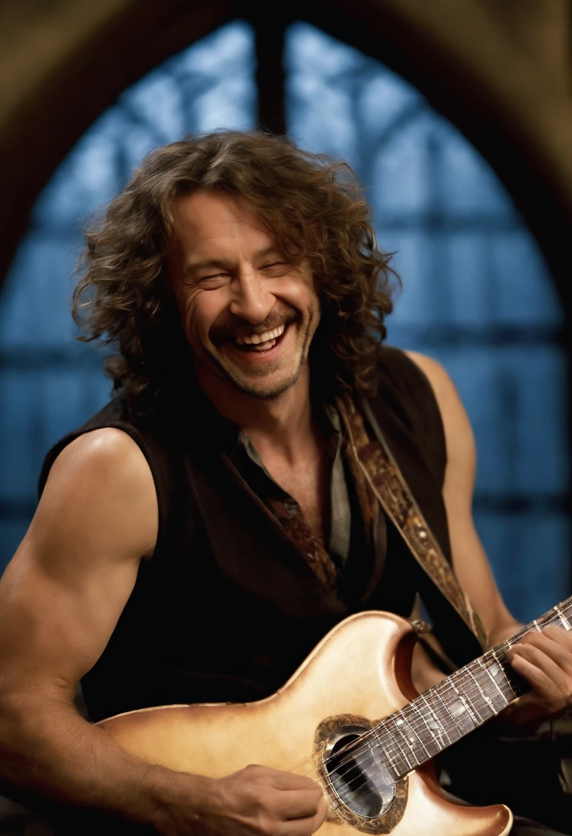 A candid photo of Sirius jamming on his electric guitar, with a big smile on his face and his hair wild with the music.,Harry Potter and the Prisoner of Azkaban,Sirius is tall with shaggy curly brown hair, with brown eyes and a goatee. Famously portrayed by Gary Oldman