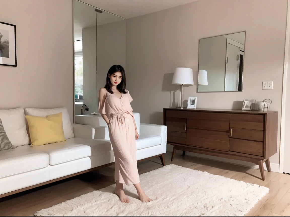 A beautiful, cute woman standing in a house 1 A person, with modern furniture, stands with her feet visible, the woman's face is sharp, the facial details are emphasized,cute beautiful girl,Smooth face.