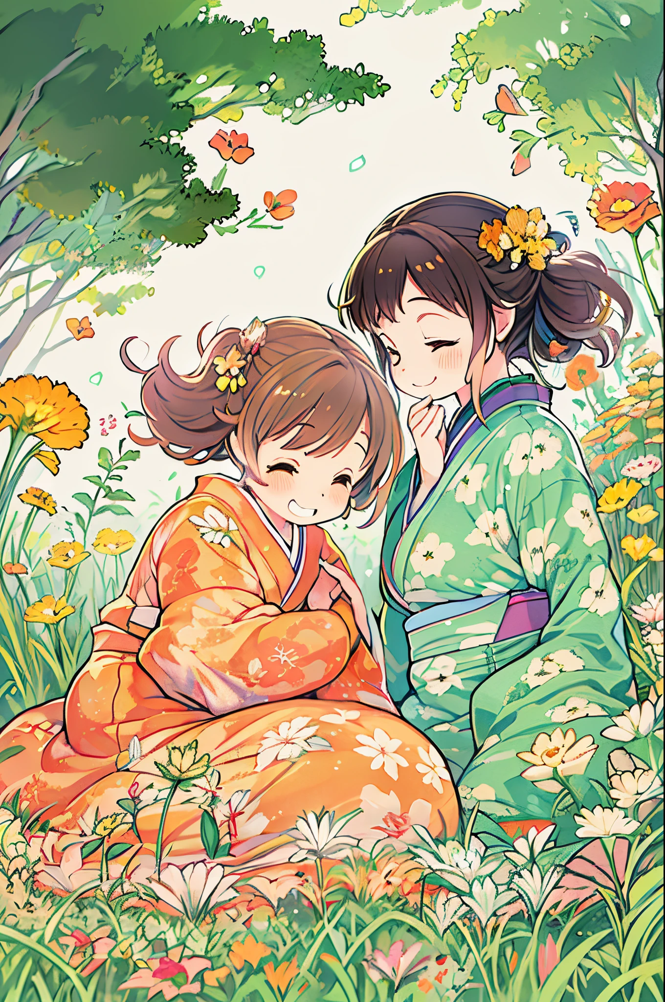 fairytale illustration/Reiko Ikemura, pixabay, simple art, full color illustration, Cute fairy tale illustration, Picture book illustration, Illustration, Hayao Miyazaki's style, In the field, Kimono, Kimono、Two girls、lesbian、Sleep with a happy face、lie down on your side