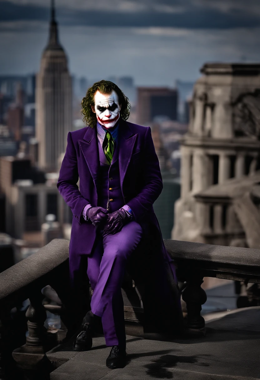 A photo of the Joker standing on top of a Gotham City observatory, adjusting the position of a powerful telescope with a maniacal grin on his face,The Dark Knight,Heath Ledger’s portrayal of the Joker in “The Dark Knight” is marked by his disheveled, greasy hair, smudged clown makeup, and a chilling, scarred smile that gives him a menacing and unpredictable appearance. His attire, a mismatched suit with a ragged purple coat, adds to his chaotic and anarchistic persona., male