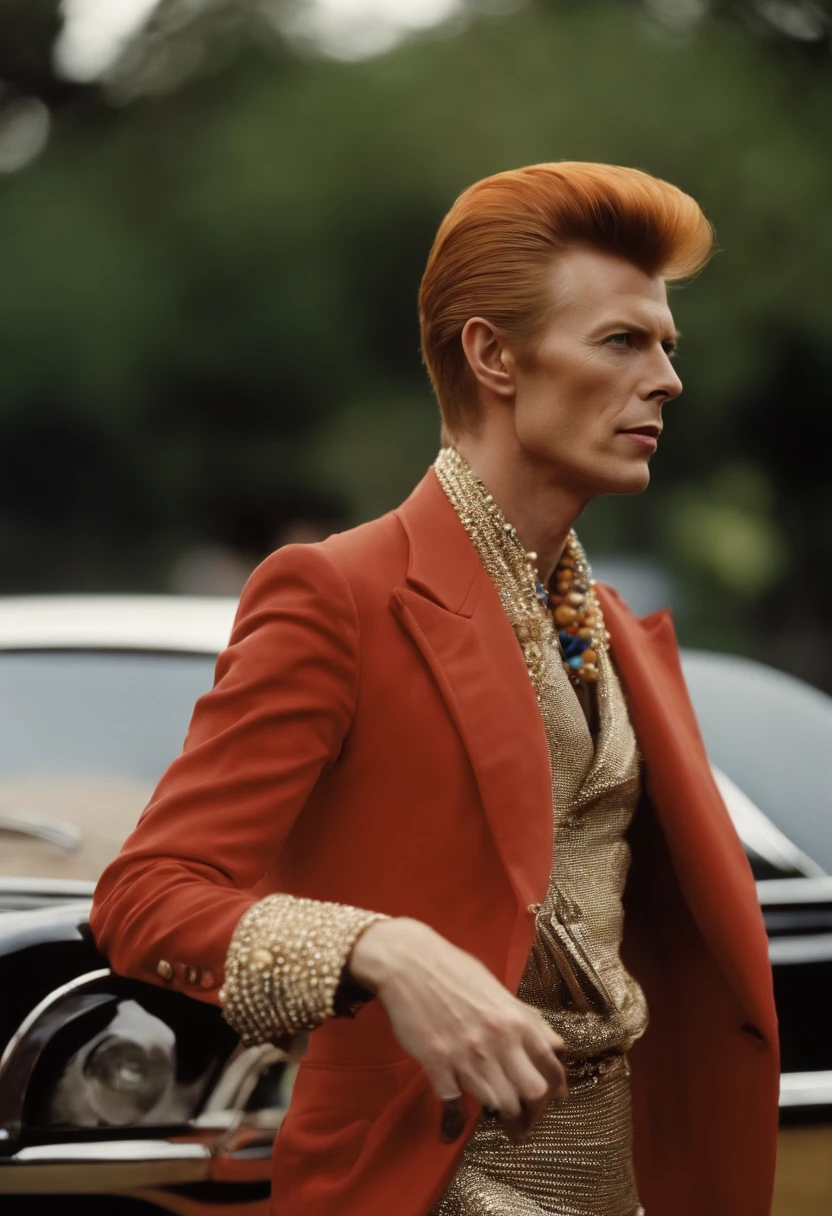 A photo of Bowie exploring a vintage clothing store,original,David Bowie had a distinct and versatile physical appearance that evolved over the course of his career. While it's difficult to capture the full scope of his appearance in a single description, here are some general features that were often associated with Bowie:

1. Facial Features: Bowie had a unique facial structure that included high cheekbones and a well-defined jawline. His eyes were often described as piercing and captivating, with one of his pupils appearing permanently dilated due to anisocoria, a condition resulting from a childhood injury. His eyebrows were expressive and often arched, adding to his overall intensity.

2. Hair: Bowie's hair was an important element of his ever-changing image. He experimented with various hairstyles, colors, and lengths throughout his career. He was known for sporting different colors, including red, blonde, and variations of brown. Bowie's hairstyles ranged from the iconic Ziggy Stardust red mullet to shorter, slicked-back styles during his later years.

3. Physique: Bowie had a slender and lean physique. He possessed a graceful and elegant presence, which he often accentuated through his dynamic stage performances and expressive gestures. While not particularly muscular, his physicality exuded a sense of energy and fluidity.

4. Fashion and Style: Bowie was a fashion icon, and his style was as eclectic as his music. He effortlessly blended elements from various subcultures, eras, and genres. From glam rock-inspired costumes to tailored suits and avant-garde ensembles, Bowie embraced a wide range of fashion choices. He had a penchant for bold and innovative designs, often incorporating theatrical elements into his wardrobe.

5. Androgynous Appearance: Bowie's androgynous appearance was a significant aspect of his image. He challenged traditional gender roles and norms, embracing a sense of fluidity and blurring the lines between masculine and feminine aesthetics. His ability to embody both masculine and feminine characteristics contributed to his allure and made him an icon of gender-bending fashion.

It's important to note that these descriptions provide a general overview of David Bowie's physical appearance, but they do not fully capture the breadth and depth of his transformative image. Bowie was a master of reinvention, and his ever-changing looks were an integral part of his artistic expression and his ability to captivate audiences.

David Bowie's physical appearance went through various transformations throughout his career, as he often adopted different personas and styles. Here are some notable descriptions of Bowie's appearance during different periods:

1. Ziggy Stardust Era (Early 1970s): One of Bowie's most iconic looks was during his Ziggy Stardust era. He sported vibrant red hair, which was styled into a distinctive mullet. He often wore bold, theatrical makeup, including a lightning bolt across his face, emphasizing his androgynous and otherworldly persona. His costumes were flamboyant and futuristic, featuring metallic jumpsuits, platform boots, and colorful accessories.

2. Thin White Duke Era (Mid-1970s): During the Thin White Duke era, Bowie adopted a more refined and elegant appearance. He had blonde hair, which he usually wore slicked back or combed to the side. His fashion choices were sleek and sophisticated, often showcasing tailored suits, crisp dress shirts, and ties. This period reflected a more minimalist and sophisticated aesthetic.

3. Berlin Trilogy Era (Late 1970s): In the late 1970s, Bowie's appearance during the Berlin Trilogy phase reflected a more subdued and avant-garde style. He had short, cropped hair with a slightly disheveled look. His fashion choices leaned towards a mix of casual and experimental, with a preference for dark colors, oversized coats, and unconventional combinations of clothing.

4. New Romantic Era (Early 1980s): During the New Romantic era, Bowie embraced a more flamboyant and glamorous look. He experimented with extravagant hairstyles, including permed or teased hair with vibrant colors. His makeup became more dramatic, with bold colors and exaggerated features. He often wore flamboyant and elaborate outfits, featuring ruffled shirts, sparkly jackets, and accessories like scarves and hats.

5. Later Years (1990s and 2000s): In his later years, Bowie's appearance became more refined and mature. He often had shorter, styled hair, with colors ranging from blonde to salt-and-pepper gray. His fashion choices varied, but he often opted for tailored suits, crisp shirts, and fashionable jackets. He embraced a more casual yet sophisticated style, showcasing his timeless and ageless charm.

It's important to note that David Bowie's appearance was not limited to these descriptions, as he constantly reinvented himself and explored different looks throughout his career. His ability to transform his appearance was an integral part of his artistic expression and contributed to his status as a fashion and style icon.

Most known is his Ziggy Stardust Era Look.