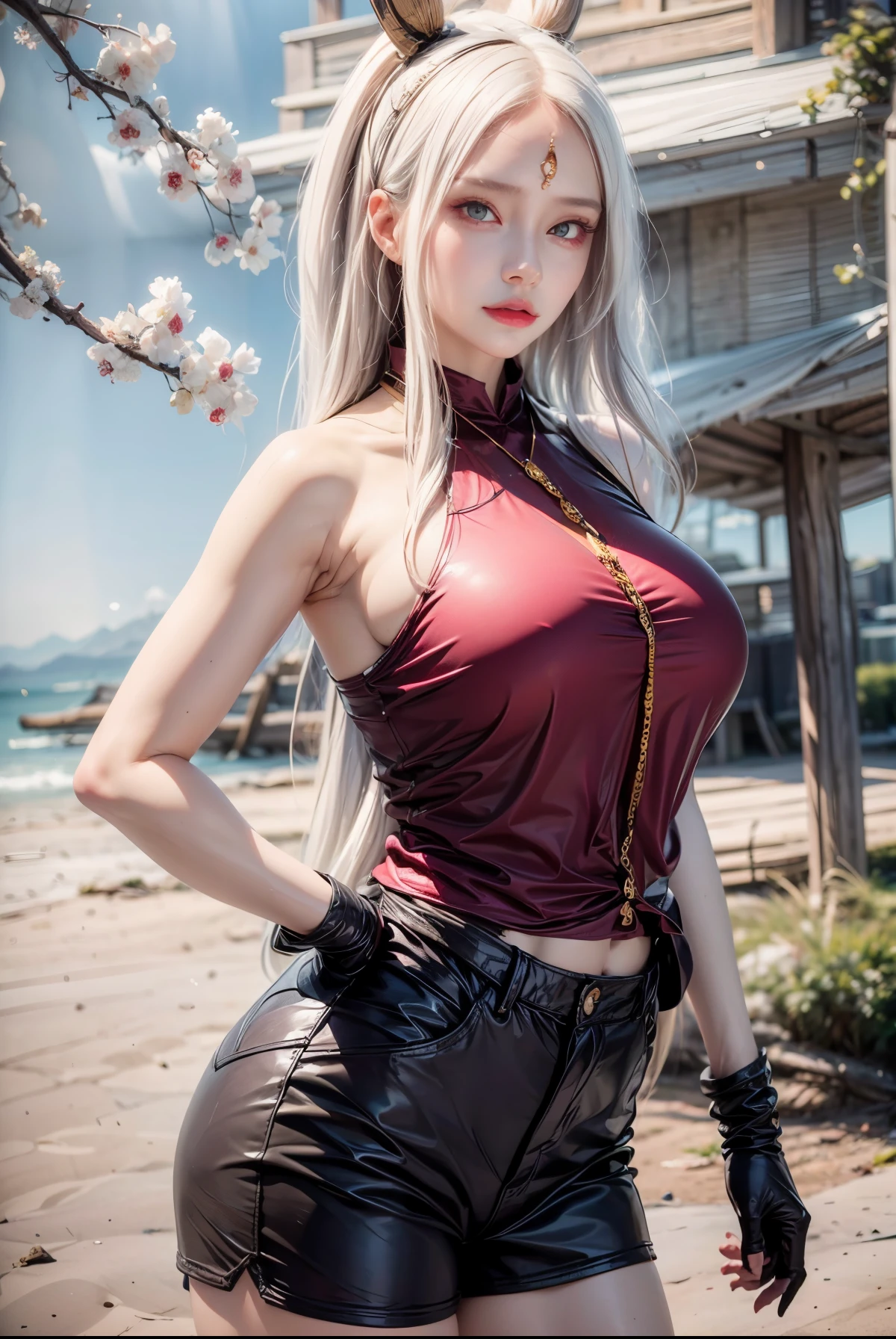 realistic, 1girls, best quality, 12k, HD, long hair, big round breasts, cleavage, ponytail, necklace, jewelry, shorts, short jacket, slim hips, hair tie, yellow eyes, black hair, super detailed, Detail eyes, hair details, person details, mouth details, face details, breast details, clothes details, hair details, pants details, hand details, whole body