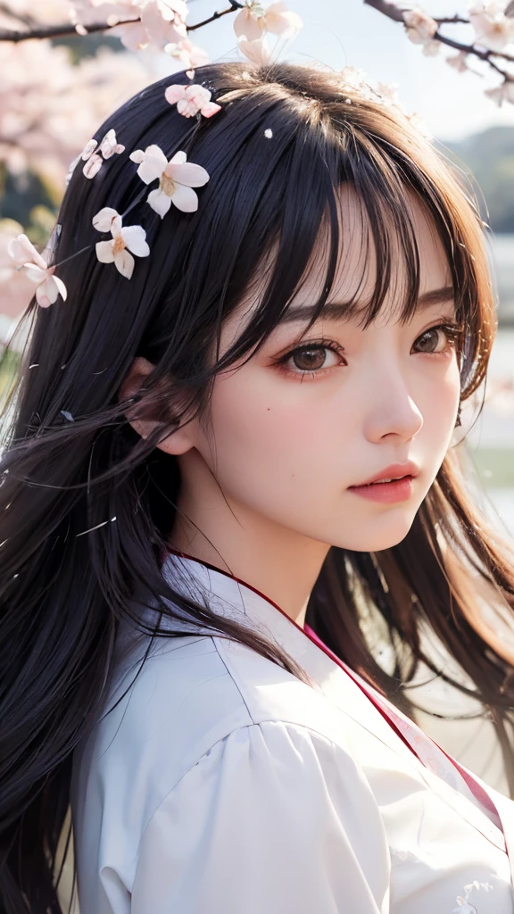 (A logo、masterpiece、8K、masutepiece、Raw photo、Fantastic、Best Quality、Photorealistic、extremely detailed CG unified 8k wallpaper、hightquality、ighly detailed、epic poem、Particle effect、Dynamic effects、depth of fields、Cinematic Light、Lens Flare、Ray tracing)、Fantasia、 (Beauty 1 person、White Japanese Clothing、Japanese dress、White cherry blossom pattern、White cherry blossom embroidery pattern、A dark-haired、Beautiful face、Real Face、Beautiful detail eyes、Beautiful skin)、Hair flutters in the wind、Hair jumps、Pink cherry blossom tree、Petals flutter、Sakura blizzard、Superb view、morning glow、Sun in the background、the wind、Deities、tusk、myth、Vast Land、