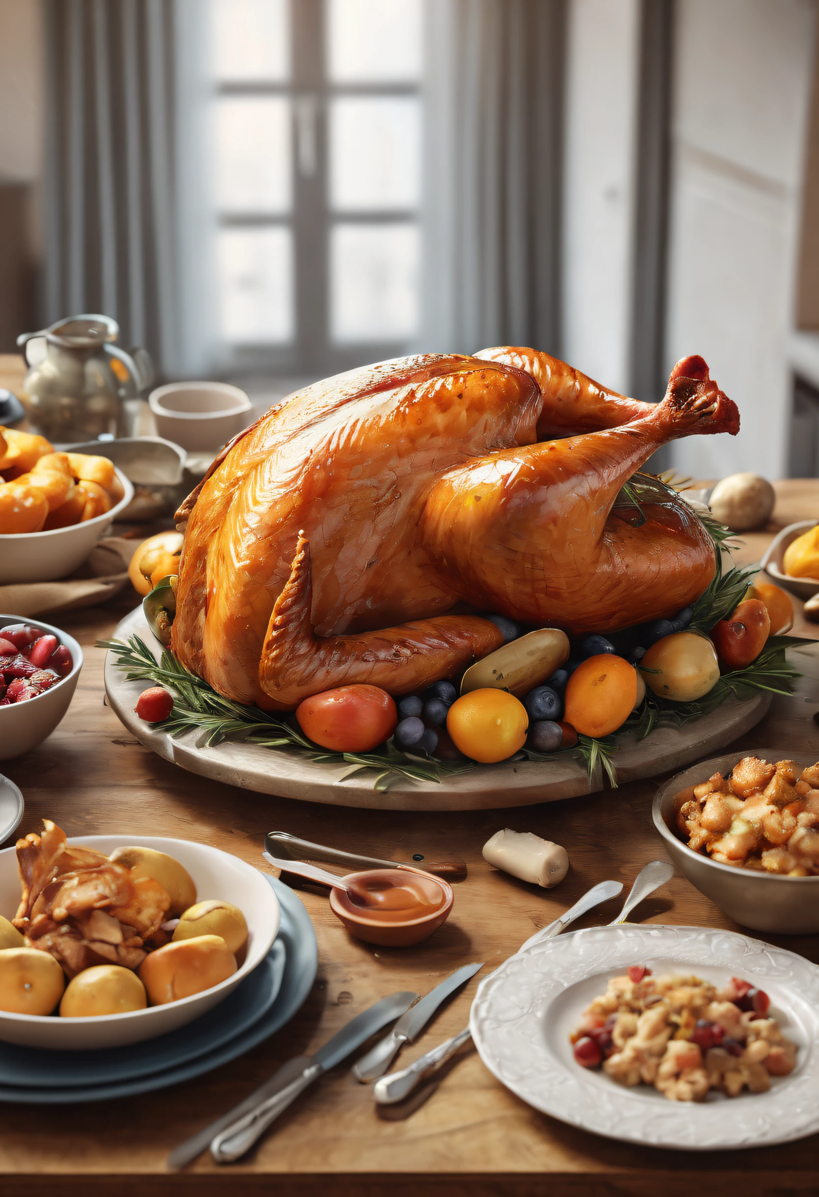 best qualityer,4K,8K,A high resolution,tmasterpiece:1.2,ultra - detailed,actual:1.3 illustrations,Thanksgiving dinner，a turkey fighting:1.37，angry turkey，Cartoon turkey, Strong dynamic posture:1.2，Fighting posture，broken dining table，flying chicken feathers:1.2，《Turkey Story》，Cartoon anime，ultra-realistic realism