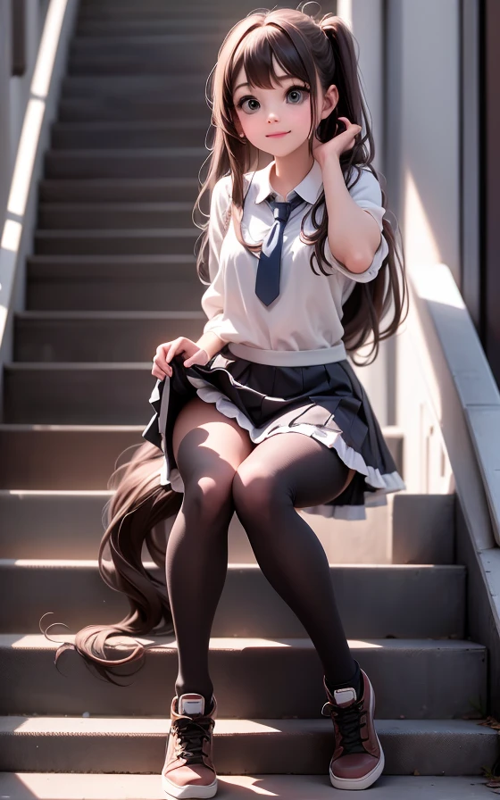 a girl sitting on a set of stairs with her hand up, wearing skirt and tights,