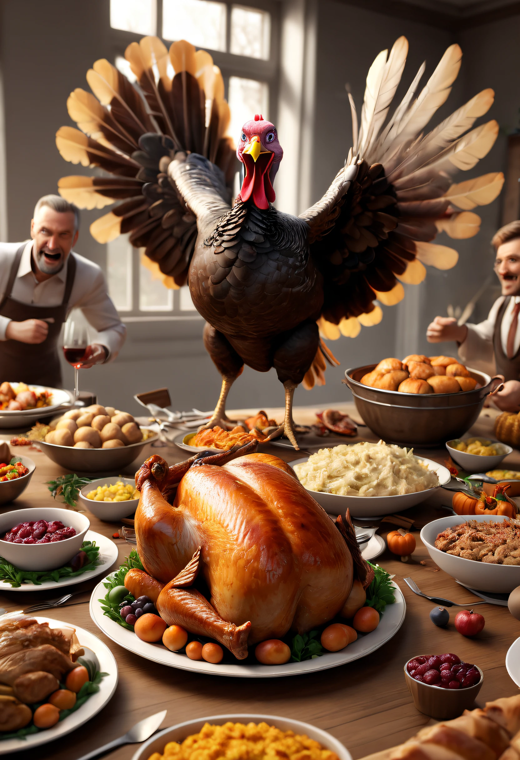 best quality,4K,8K,A high resolution,tmasterpiece:1.2,ultra - detailed,actual:1.3 d illutration,Thanksgiving dinner,turkey fight:1.37,angry turkey,Cartoon turkey, Strong dynamic stance:1.2,Fighting posture,broken dining table,flying chicken feathers:1.2,《turkey story》,Cartoon anime,ultra-realistic realism