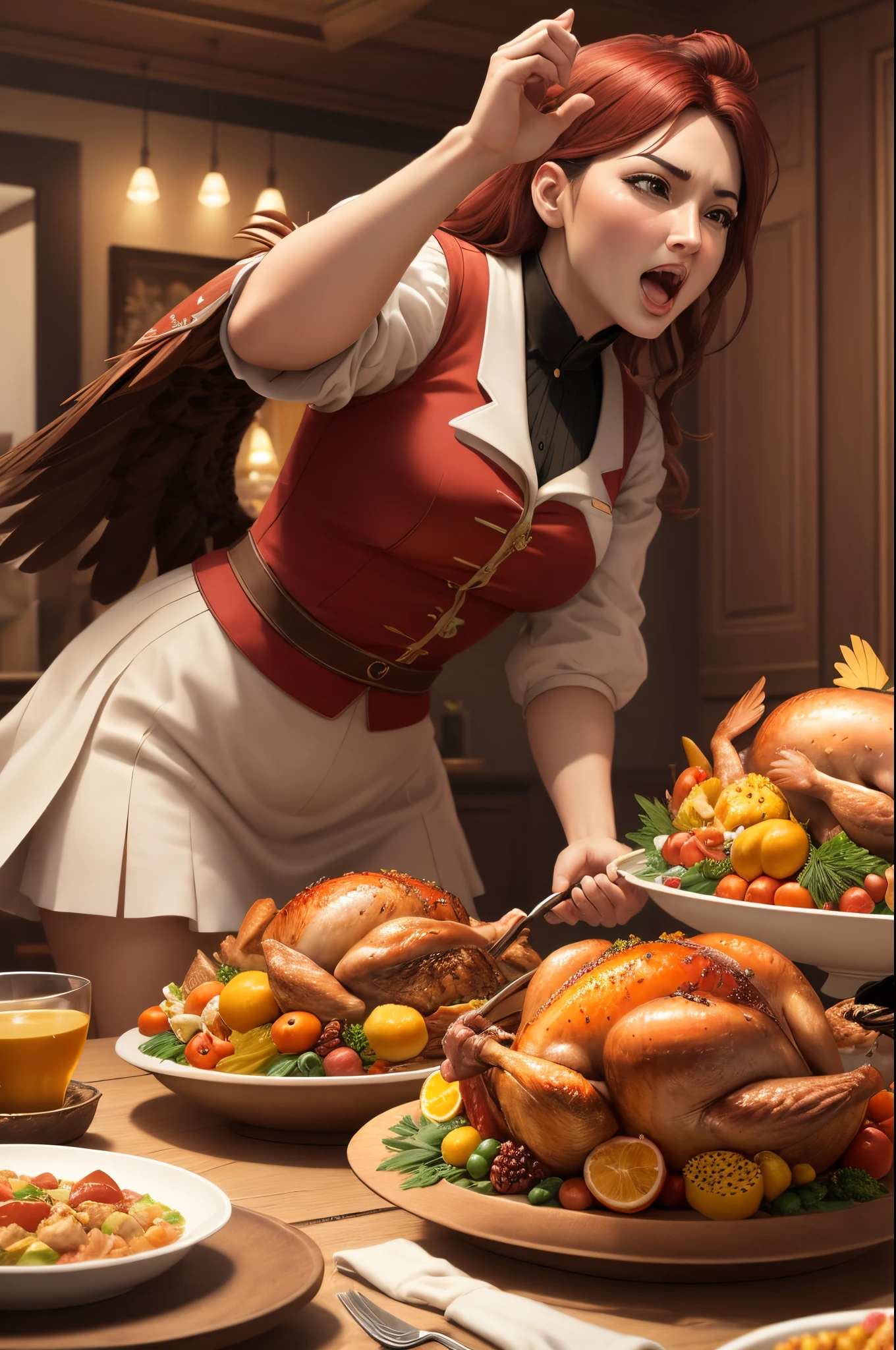 best qualityer,4K,8K,A high resolution,tmasterpiece:1.2,ultra - detailed,actual:1.3 illustrations,Thanksgiving dinner,a turkey fighting:1.37,angry turkey,Cartoon turkey, Strong dynamic posture:1.2,Fighting posture,broken dining table,flying chicken feathers:1.2,《Turkey Story》,Cartoon anime,ultra-realistic realism