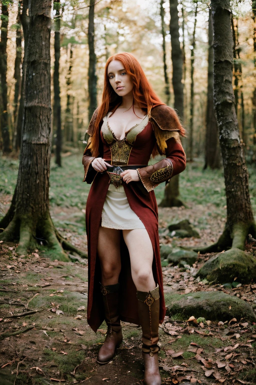 Woman in a medieval celtic warrior dress, (Celtic cosplay) , (ancient celts style:1.2), winter forest, celtic european beauty, Long and red hair, red hair, bow and arrows, full body shot, winter jacket, ginger, freckles, smooth skin, white skin, (open shirt:0.5), (perfect body),(perfect small breasts), , (expressive face:1), (sexy pose:1.2), portrait, Looking at camera, (Highest quality), sony A7sIII, film stock, photograph , kodak 400 camera f1.6 lens, cinestill 800, (Lente de 28 mm), third rule, rich colors , lifelike, texture, natural lighting, ((wide shot))