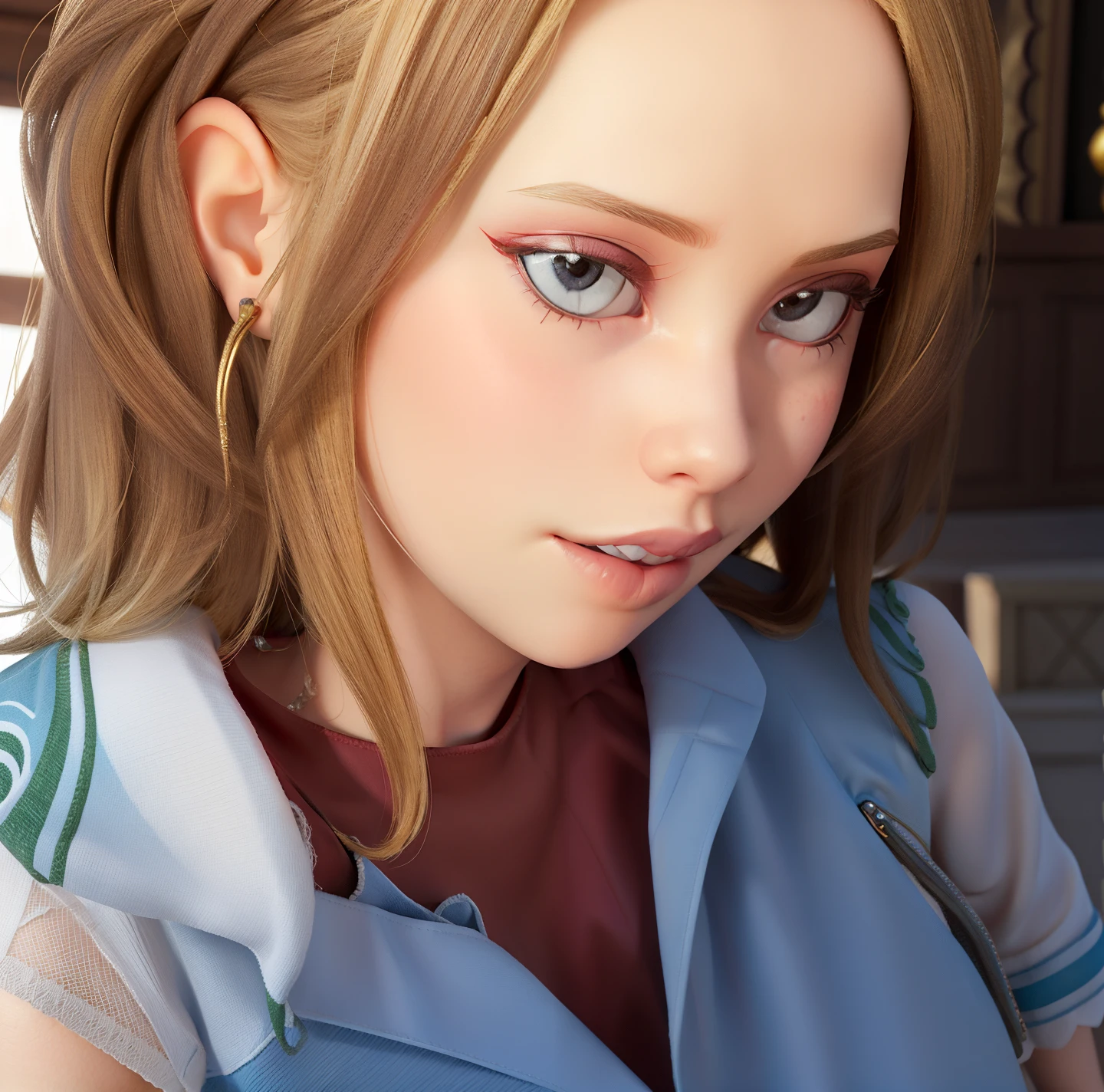 mulher blonde, cidade, roupas leves, vaidosa, vestido rosa, batom vermelho, large lips, uma personagem alegre no estilo Disney Pixar