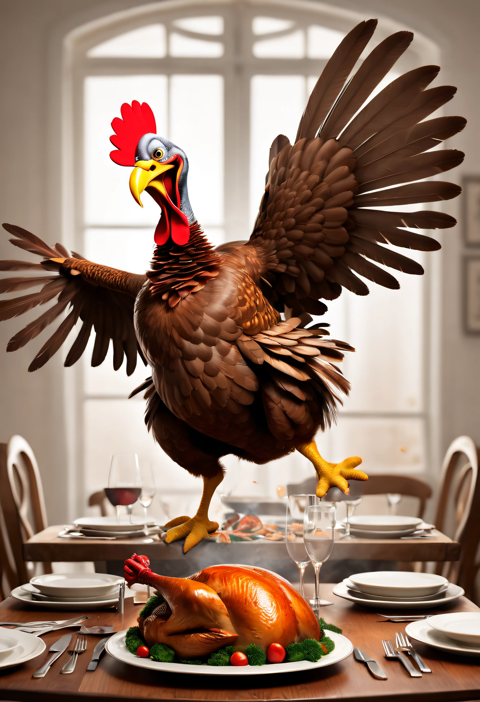 Thanksgiving dinner,a turkey fighting,angry turkey,Cartoon turkey, Strong dynamic posture,Fighting posture,broken dining table,flying chicken feathers