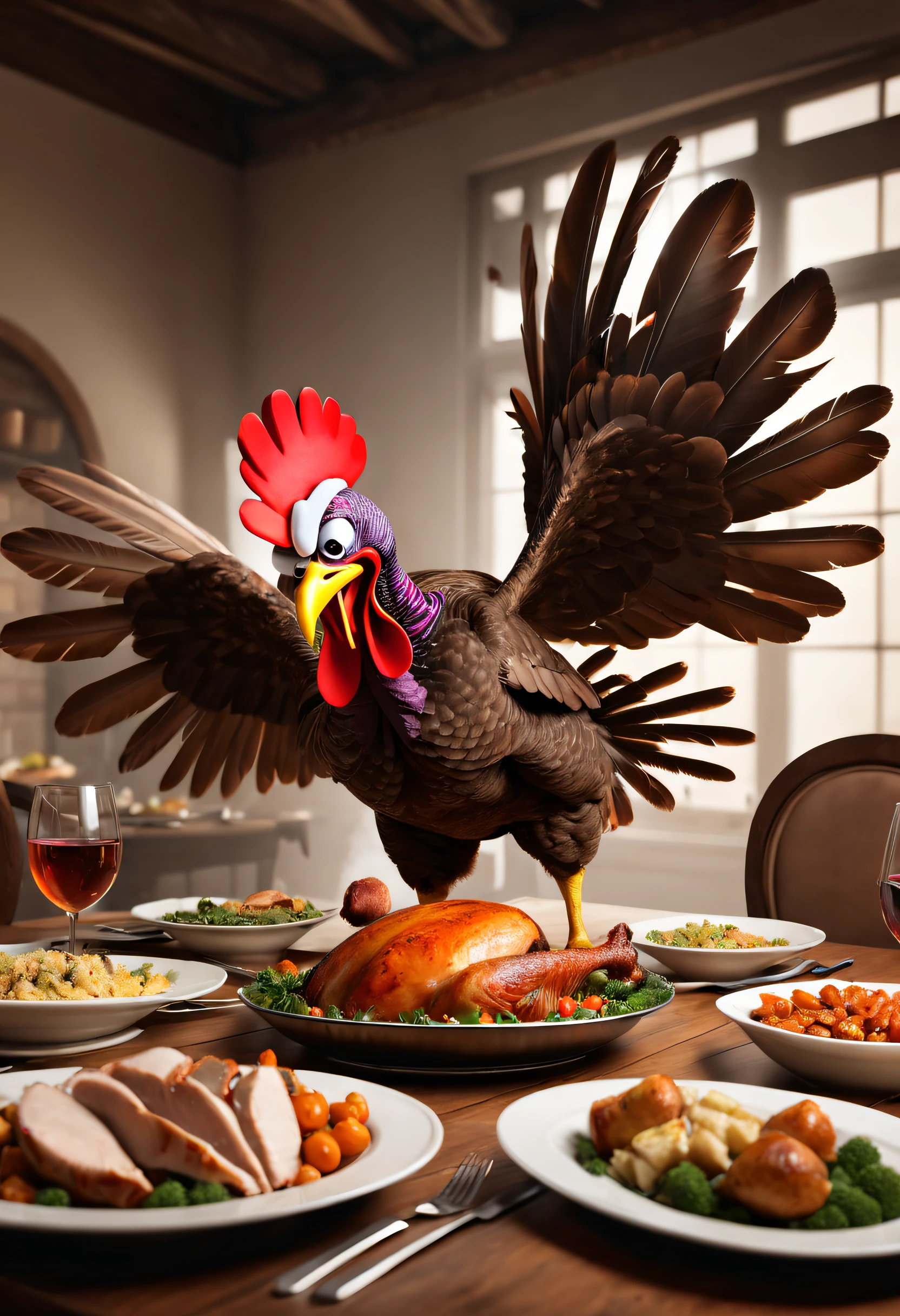 Thanksgiving,a turkey fighting,《Turkey Story》,Cartoon turkey, Pan, author:Stefan Girovsky, Pan, author:Alexander Giemsky, wine, 2013, author:Jacob Galmain, 2014, 2 0 1 4, very coherent image, Roun, Part of Leondek style