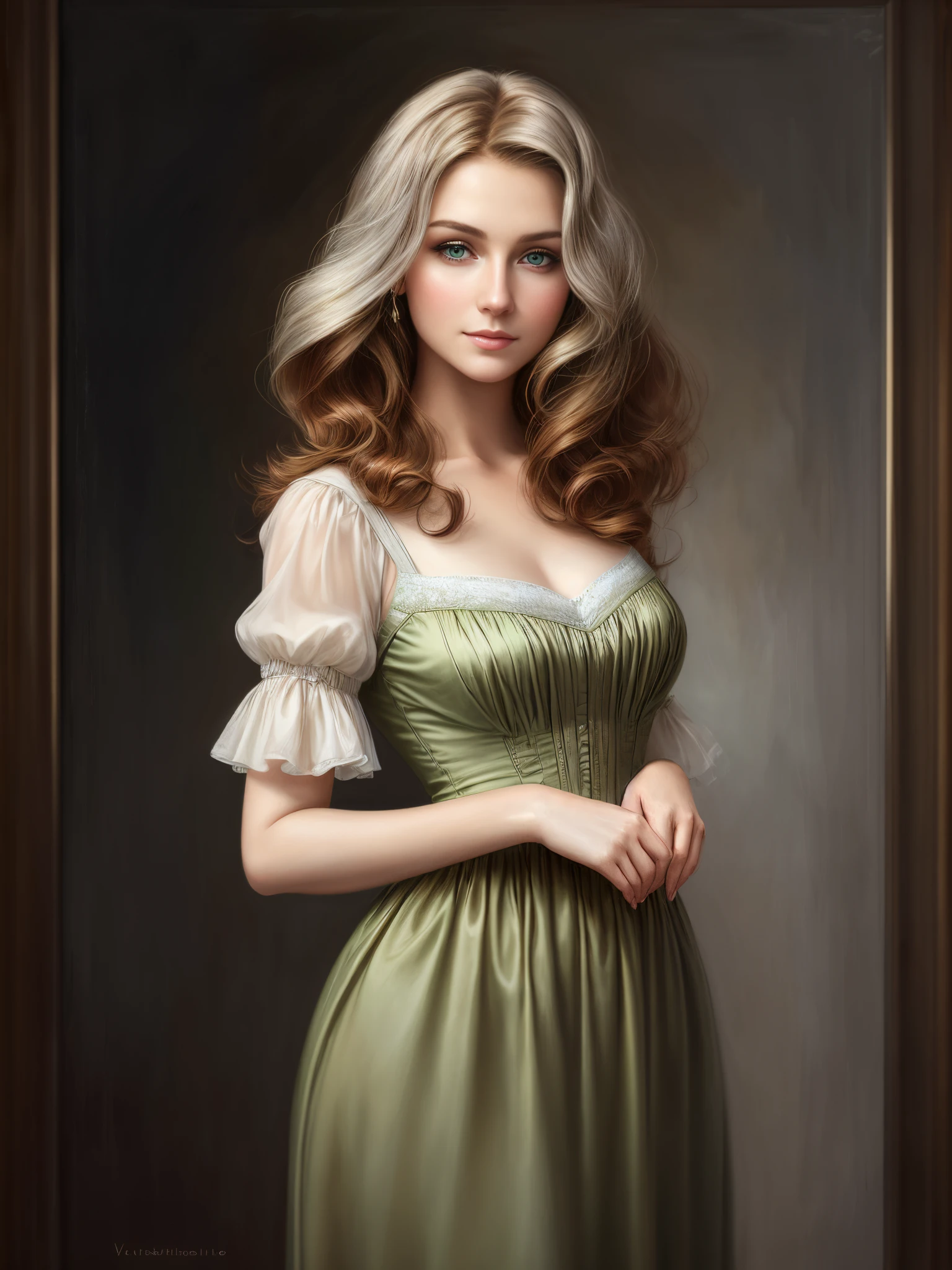 Oil portrait of a beautiful young woman, russet hair, green eyes, very beautiful face, correct geometry, 18th century era, waist-length portrait, hands near the chest, beautiful hands, beautiful fingers, gentle image, light colours, silver-grey dress, trending on artstation, style by Vladimir Volegov, Greg Rutkowski