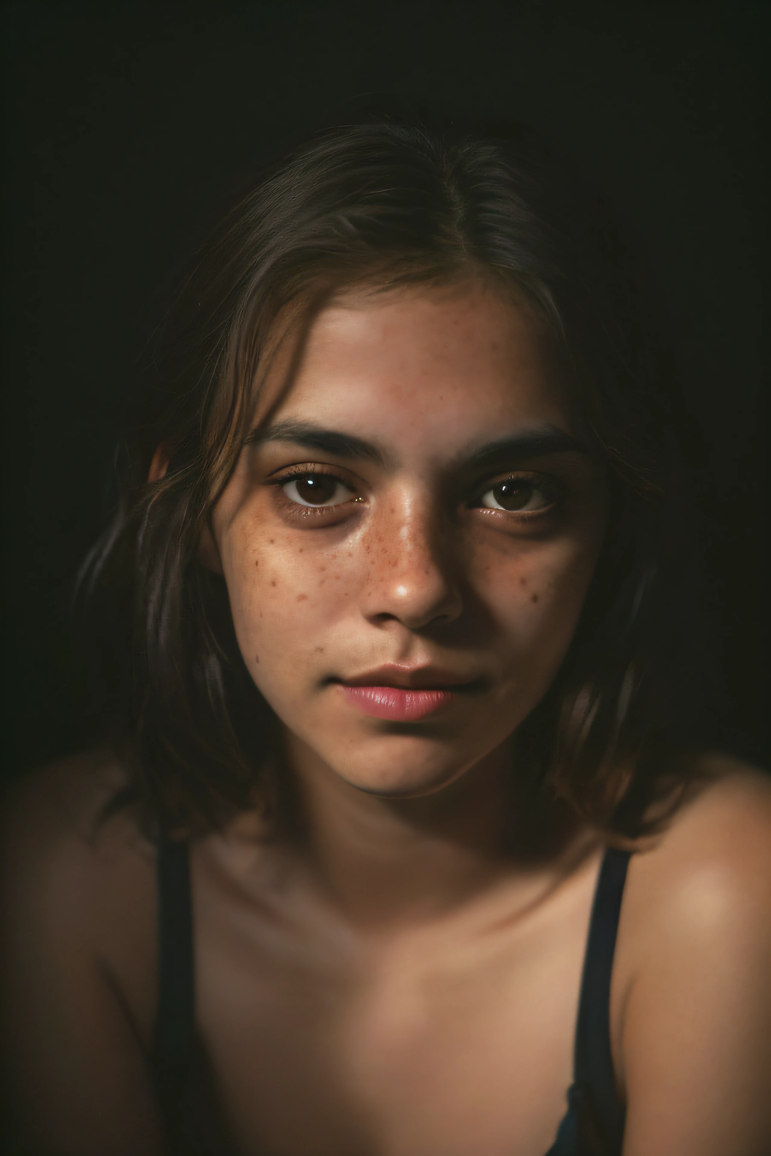 (primer plano, Editorial photograph of a 24-year-old woman), (Cara pocas pecas ) (They are smiling:0.7) (fondo interior oscuro, malhumorado, Estudio privado:1.3) Pov, Por Lee Jeffries, Nikon D850, Stock Photography of the film ,4 Kodak Portra 400 ,camera f1.6 lentes ,colores ricos ,hiperrealista ,Textura realista, Dramatic lighting , CineStill 800,