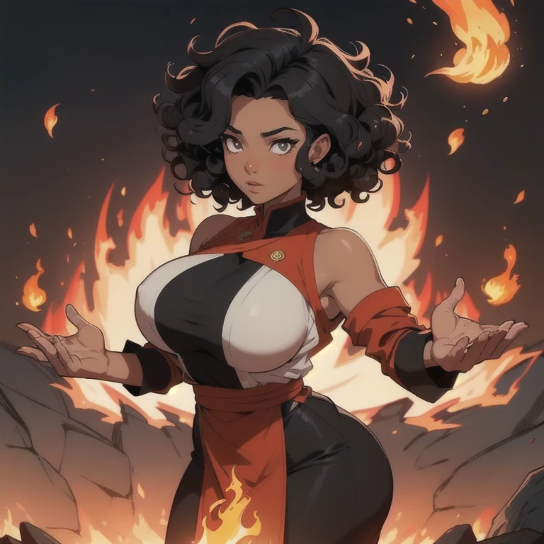 Black girl with very wavy curly hair black curly hair curly hair with several curly curly curly curly big big black, em 2d, firebending, solo, big breast, fire around her in a circle, fire coming from hands