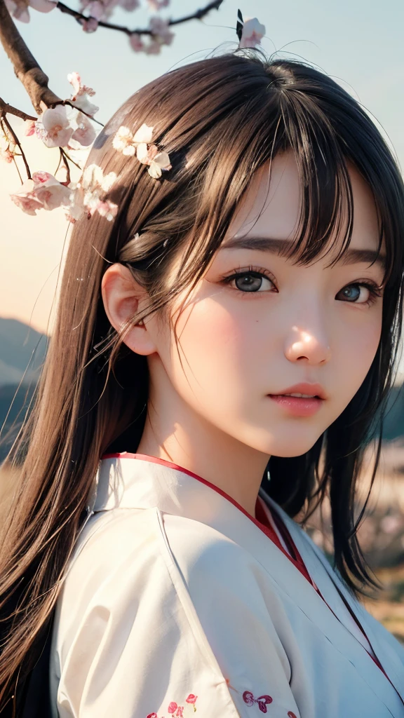 (A logo、​masterpiece、8K、masutepiece、Raw photo、Fantastic、Best Quality、Photorealistic、extremely detailed CG unified 8k wallpaper、hightquality、ighly detailed、epic poem、Particle effect、Dynamic effects、depth of fields、Cinematic Light、Lens Flare、Ray tracing)、Fantasia、 (Beauty 1 person、White Japanese Clothing、Japanese dress、White cherry blossom pattern、White cherry blossom embroidery pattern、A dark-haired、Beautiful face、Real Face、Beautiful detail eyes、Beautiful skin)、Hair flutters in the wind、Hair jumps、Pink cherry blossom tree、Petals flutter、Sakura blizzard、Superb view、morning glow、Sun in the background、the wind、Deities、tusk、myth、Vast Land、