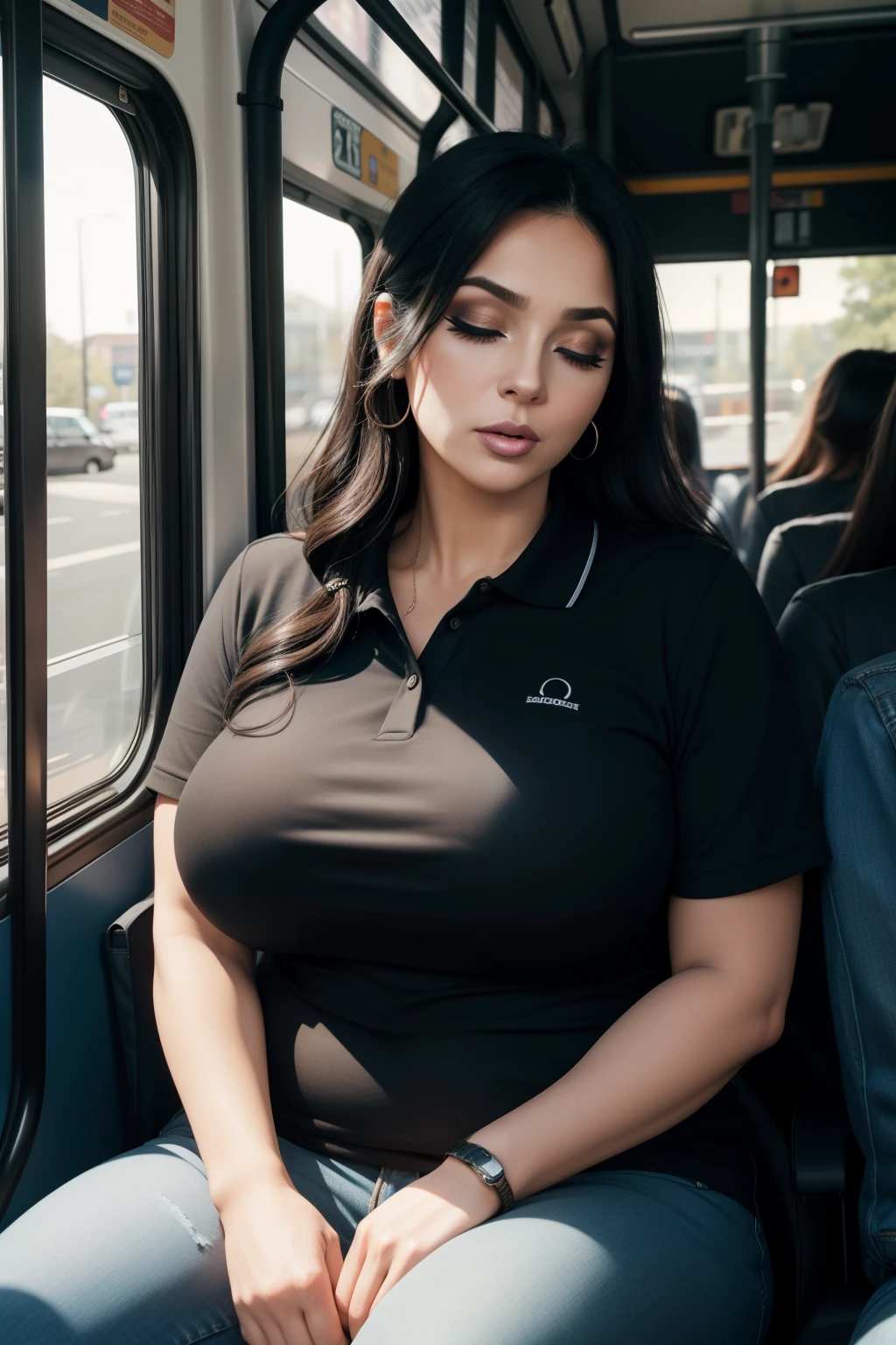 1 beautiful woman, 50-year-old lady, ((Very intense makeup)), sleeping with her mouth open, eyes closed, black hair, sleeping sitting on the bus, jeans, black polo, big breasts, outlined eyes, salivation, snoring , passed out, black bag, Head in the bus window, Sitting by the window, Voluptuous woman, mouth ((mouth wide open))