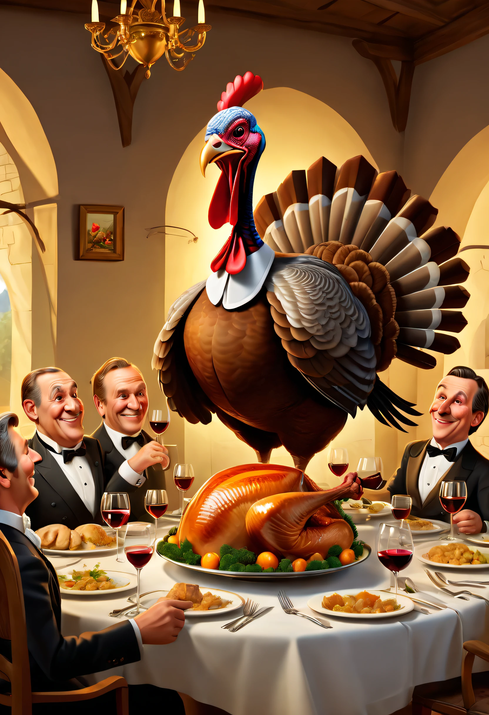 Thanksgiving,a turkey fighting,《Turkey Story》,Cartoon turkey, Pan, author:Stefan Girovsky, Pan, author:Alexander Giemsky, a handsome, gentlemen's dinner, wine, 2013, author:Jacob Galmain, 2014, 2 0 1 4, very coherent image, Roun, Part of Leondek style
