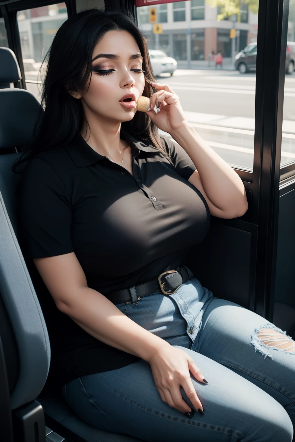 1 beautiful woman, 50-year-old lady, ((Very intense makeup)), sleeping with her mouth open, eyes closed, black hair, sleeping sitting on the bus, jeans, black polo, big breasts, outlined eyes, salivation, snoring , passed out, black bag, Head in the bus window, Sitting by the window, Voluptuous woman, mouth ((mouth wide open))