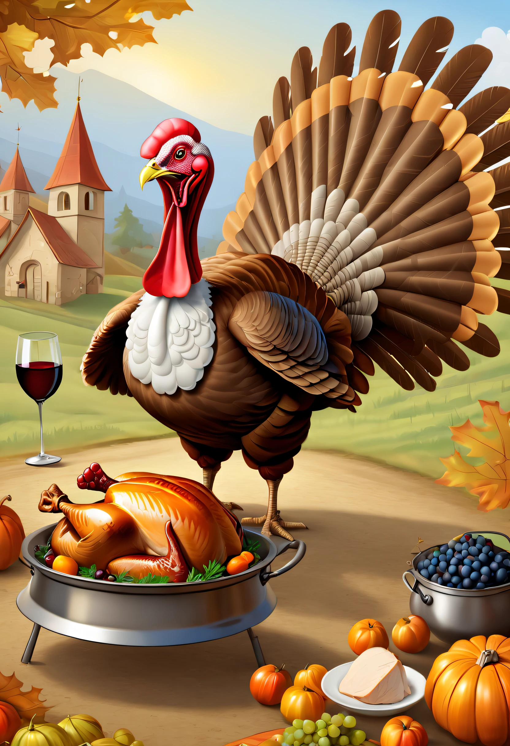 Thanksgiving,a turkey fighting,《Turkey Story》,Cartoon turkey, Pan, author:Stefan Girovsky, Pan, author:Alexander Giemsky, wine, 2013, author:Jacob Galmain, 2014, 2 0 1 4, very coherent image, Roun, Part of Leondek style