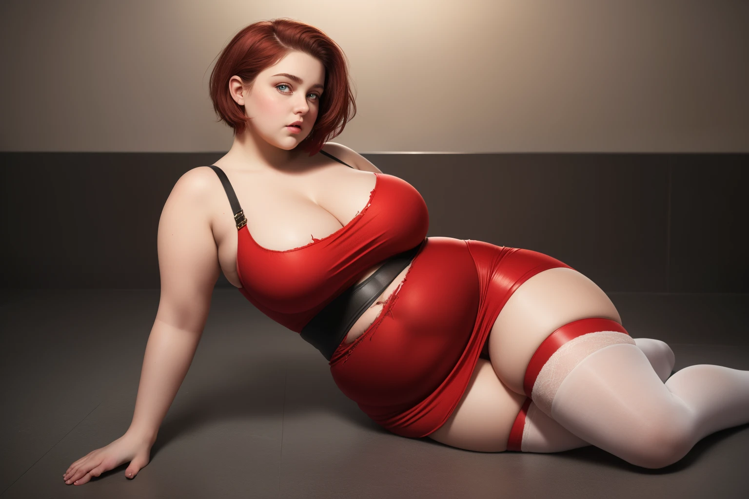 masterpiece, (photorealistic), (8k) , (best quality), perfect quality, solo, (detailed eyes:0.9), girl, red short curvy hair, 3 stages of weight gain, very young, face : (very young, European, eating muffin, very beautiful face, young). figure : (very full figure, curvy, chubby belly, very chubby, fat rolls, fed up, big deep navel, very soft, big breasts, sexy, sexy pose, fat thighs). clothes: (tight red dress, ripped on side dress, ripped red tights ).