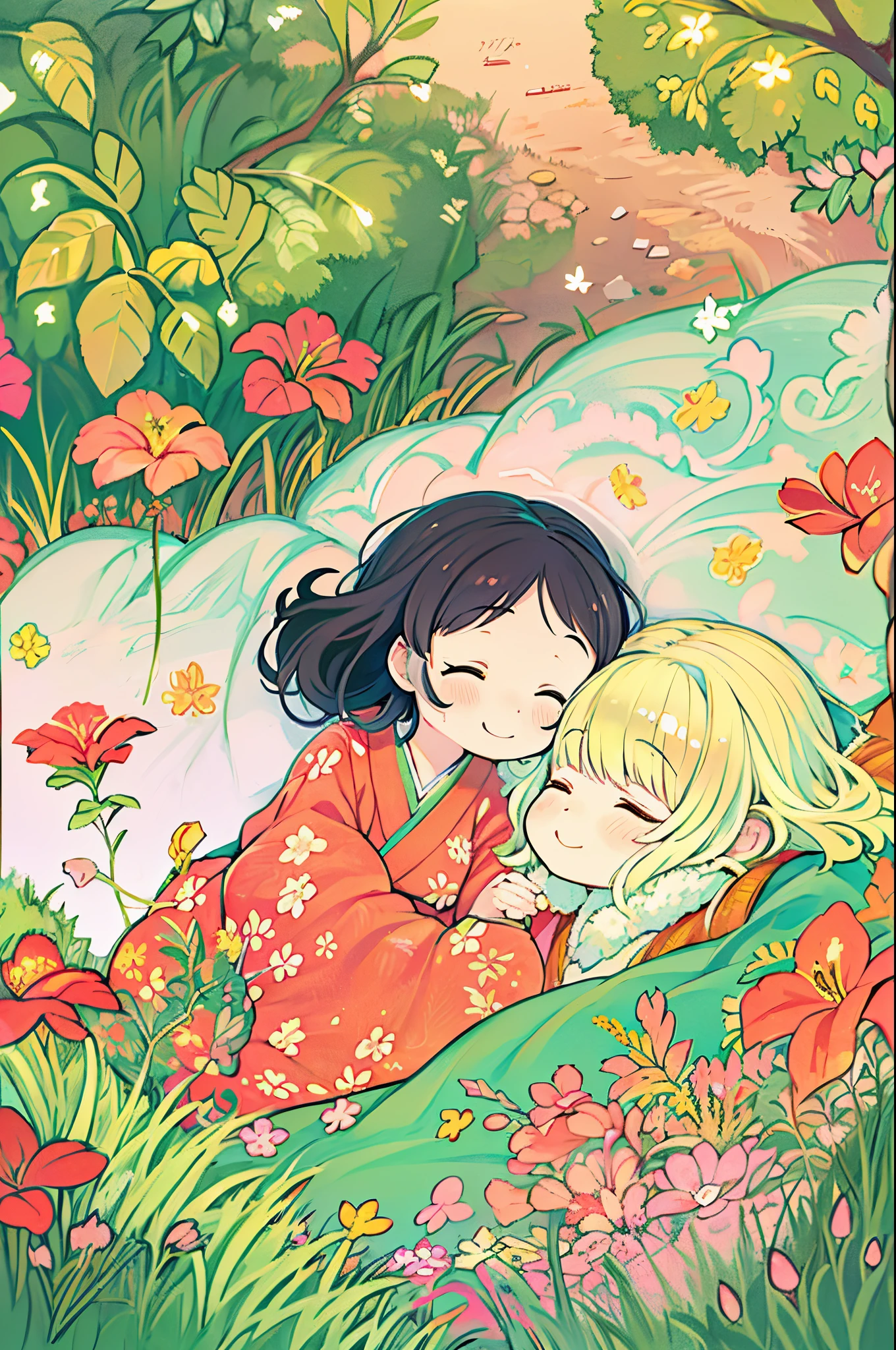 fairytale illustration/Reiko Ikemura, pixabay, simple art, full color illustration, Cute fairy tale illustration, Picture book illustration, Illustration, Hayao Miyazaki's style, In the field, Kimono, Kimono、Two girls、lesbian、Sleep with a happy face、lie down on your side、Are sleeping
