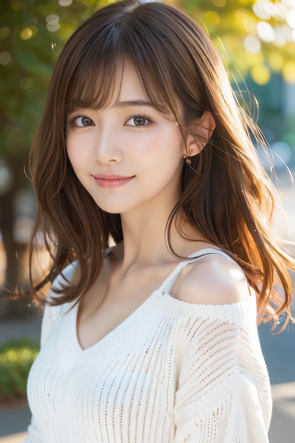 (1girll:1.2),(8K, Best Quality, tmasterpiece), (Realistic, Photorealsitic:1.37), ultra - detailed, adolable, 独奏, Cute Japan Woman,brown haired,By bangs, Curly, Hair on the shoulders, beautiful and delicate eyes,The eyes tell the story of a smile,Moisturizes skin,V-neck white knit,Stimulating,so sexy,Bright sunshine、细致背景、