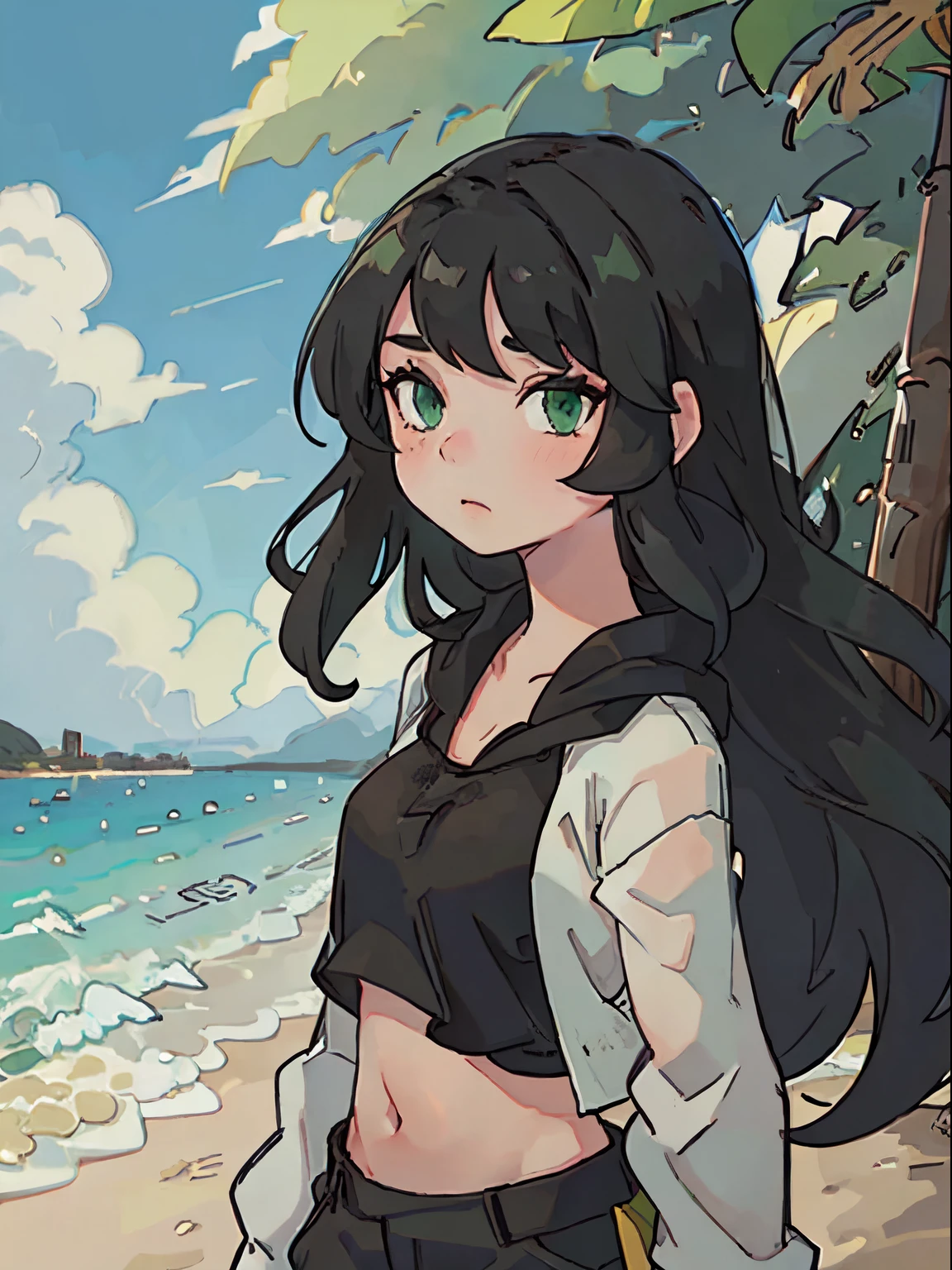 Black long hair , green eyes , tall , beach , girl , modern look