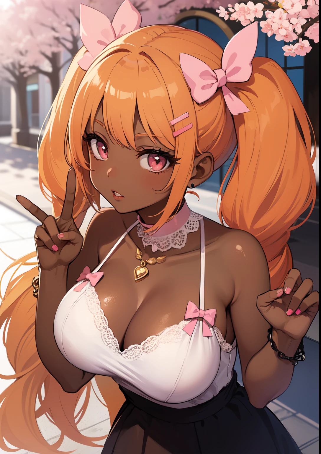 darkskin++++, tanned++, dark brown skin1:5++, orange hair, twintails+, pink eyes+++, big breast+, thick lips, bows symbol+, pink bow+, hairclips+, heart symbol+, detailed eyes, lips, (highest quality, amazing details:1.3), (solo:1.3), masterpiece, glossy lips, dolly lips+, back bow, choker, ,bare shoulder, pink footwear, cowboy shot, clevage, peace sign, outside background, cherry blossom tree, street background, lace design, popstar pose+,