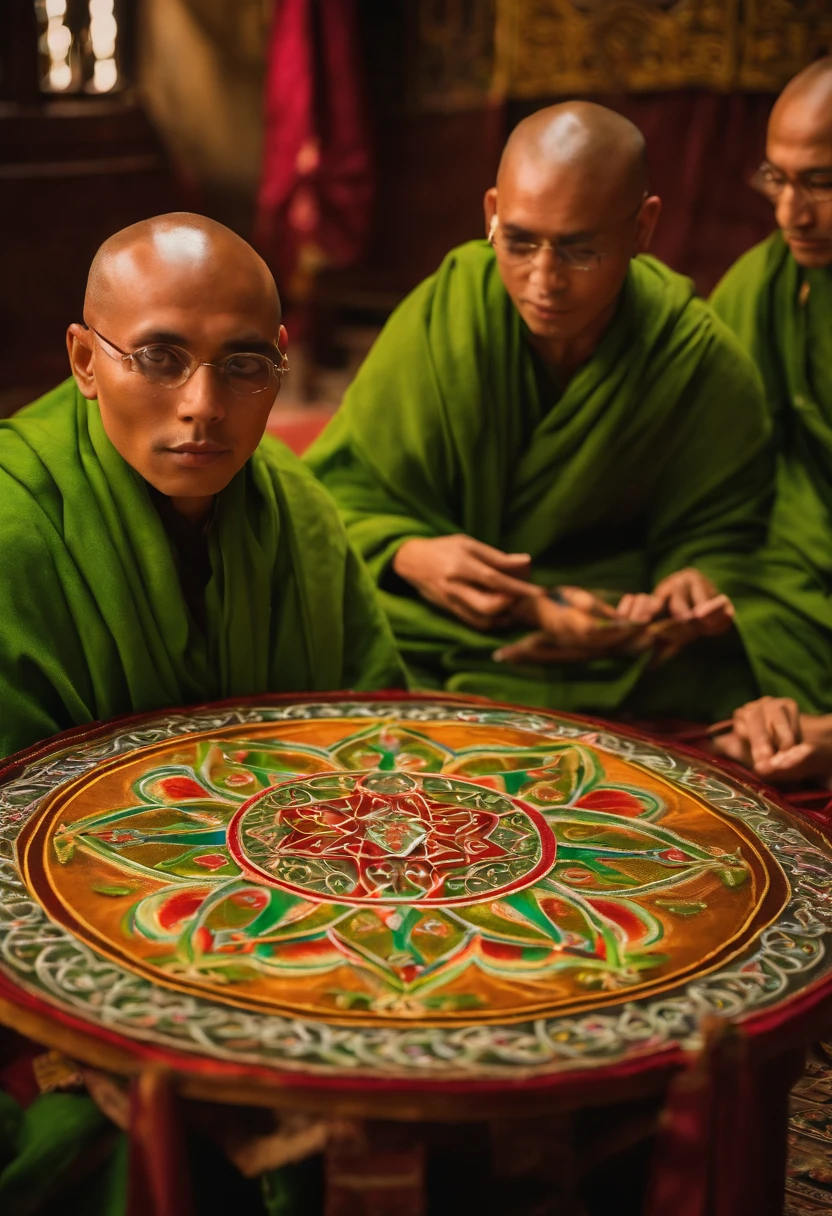ButterflyEffect capturing a stunning shot of a group of monks creating an intricate sand mandala.,original,ButterflyEffect has long hair and wire rim glasses. He has a hook nose and bright green eyes.