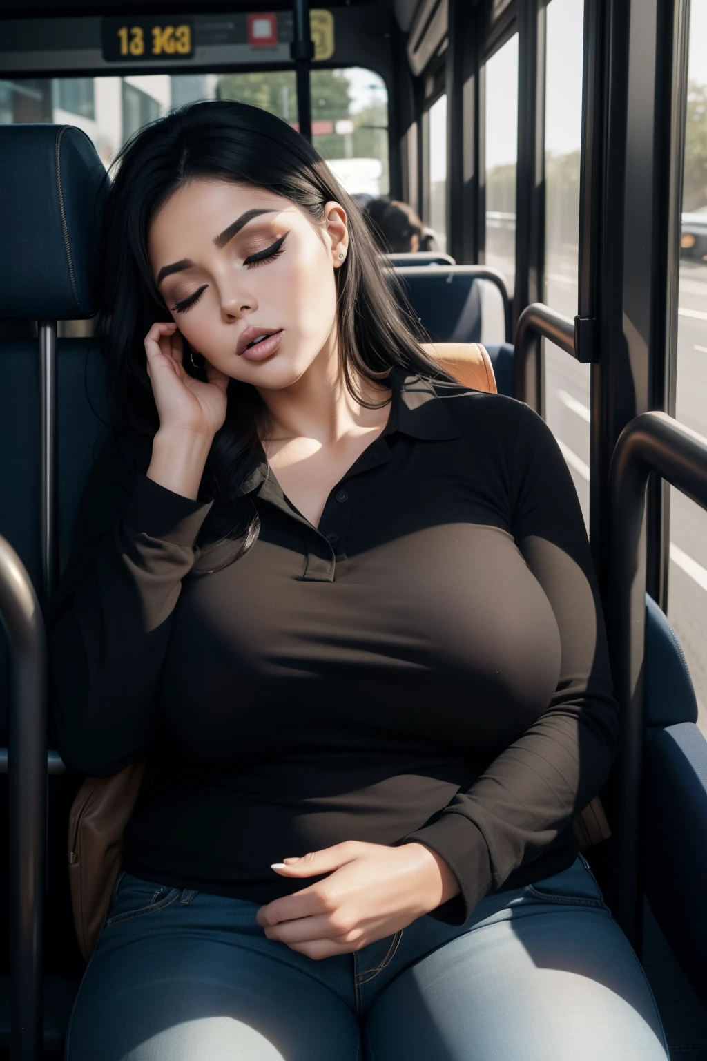 1 beautiful woman, 50-year-old lady, ((Very intense makeup)), sleeping with her mouth open, eyes closed, black hair, sleeping sitting on the bus, jeans, black polo, big breasts, outlined eyes, salivation, snoring , passed out, black bag, Head in the bus window, Sitting by the window, Voluptuous woman, mouth ((mouth wide open))