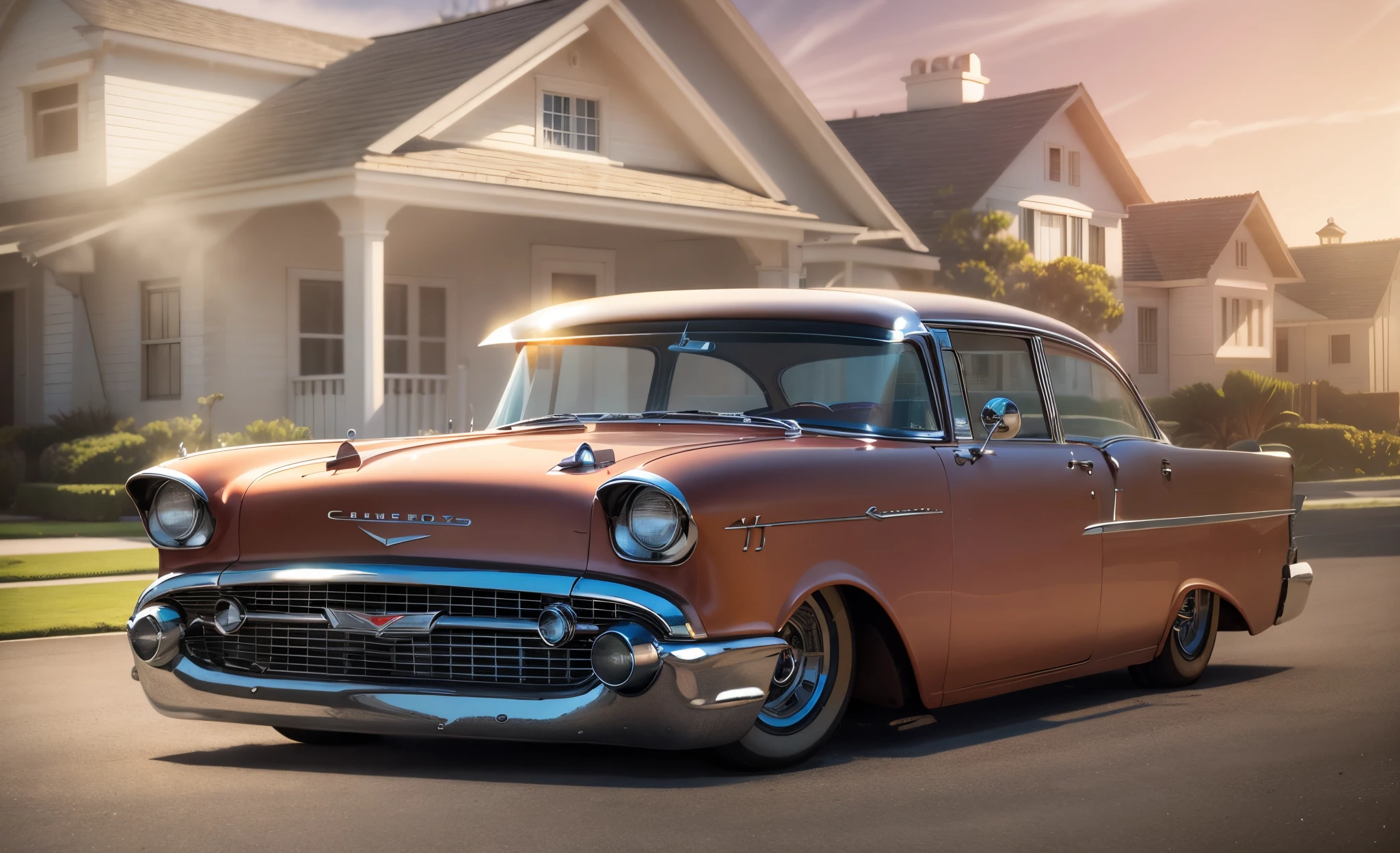 Um imponente e poderoso Chevy 1957 com rodas estilizadas e alongadas, Lighthouses illuminated against the background of beautiful mansions in sunny California, no tempo chuvoso, rua reflexiva