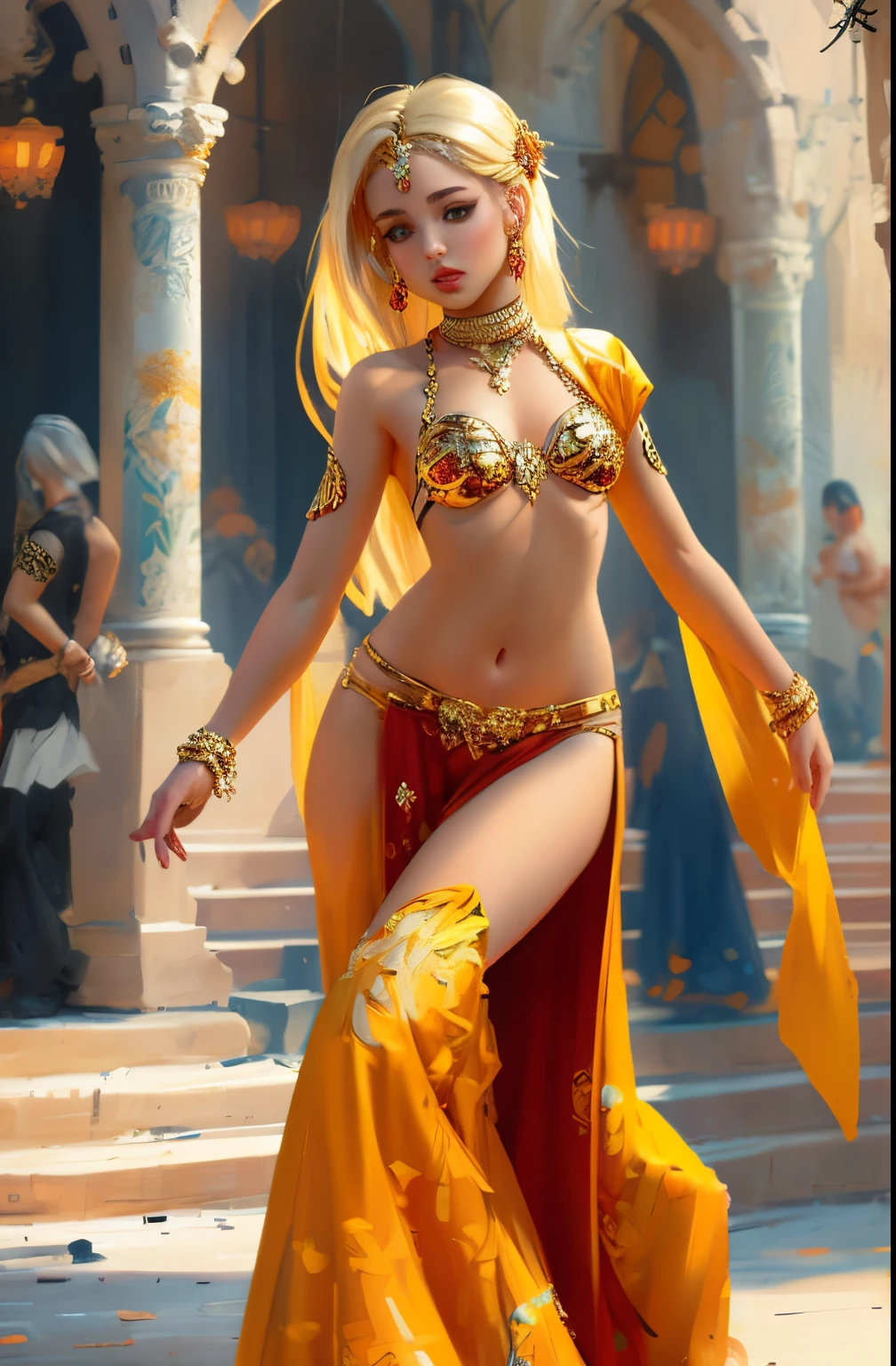 Character art for young woman entertainer belly dancer blonde hair amber gold eyes