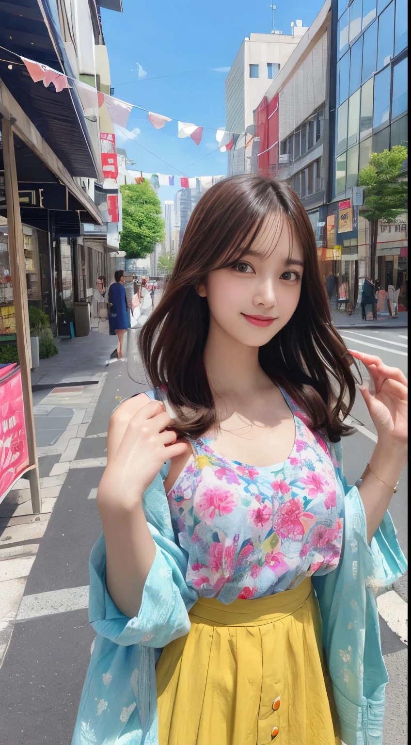 Look here and smile、Inside the city、Colorful summer clothes、masutepiece, Best Quality, Illustration, Ultra-detailed, finely detail, hight resolution, 8K Wallpaper, Perfect dynamic composition, Beautiful detailed eyes , Sexy face