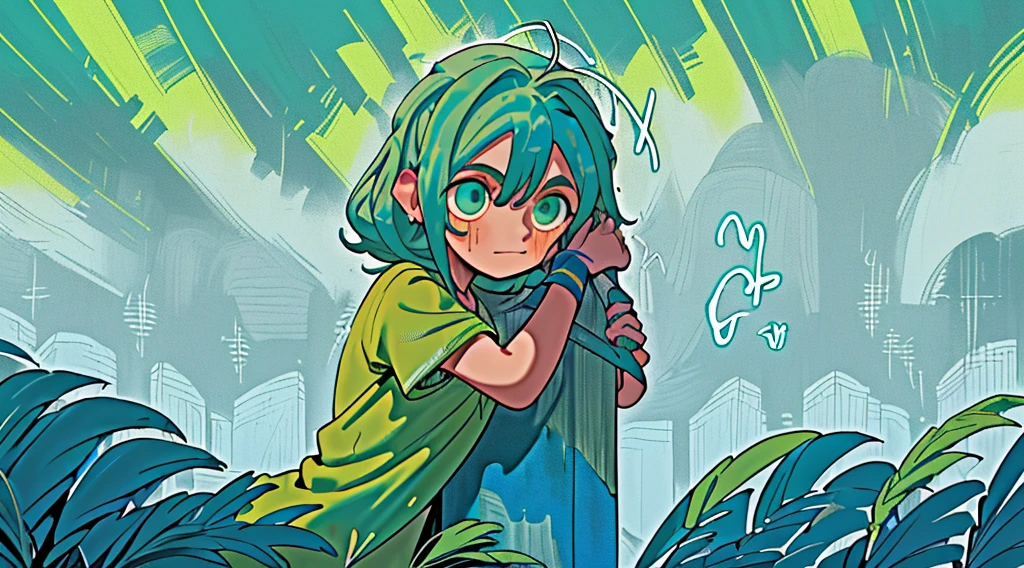 1 girl, cabelo verde e azul, olhos azuis detalhado, Poderes roxos e verde brilhantes e desfocados (Papel de parede extremamente detalhado da unidade CG 16k:1.1), (Strength that eliminates noise: 1.45), (tObra-prima:1.37), ((Arte Oficial)), UHD
