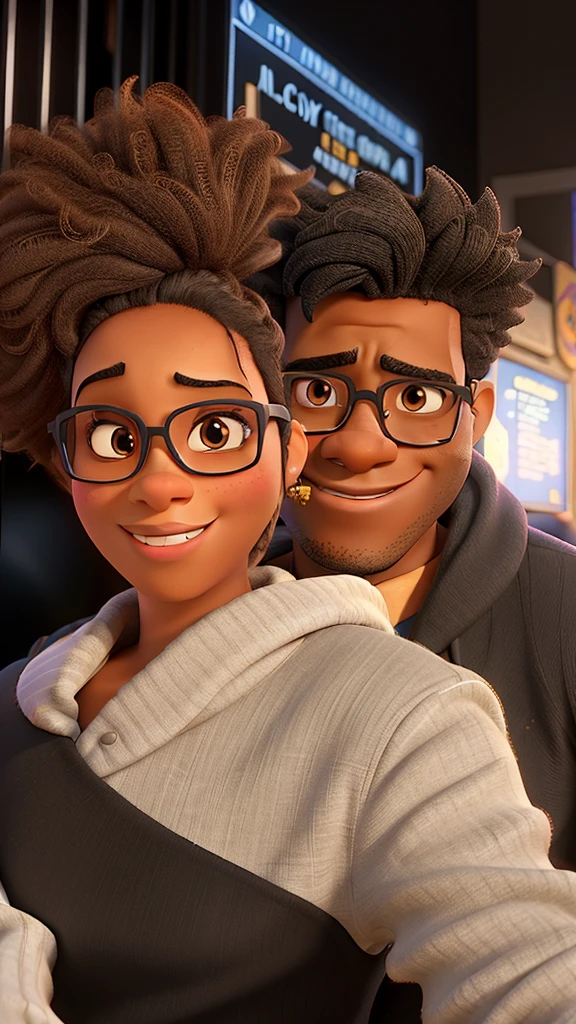 Black man with glasses and black woman girlfriend high resolution Disney Pixar poster