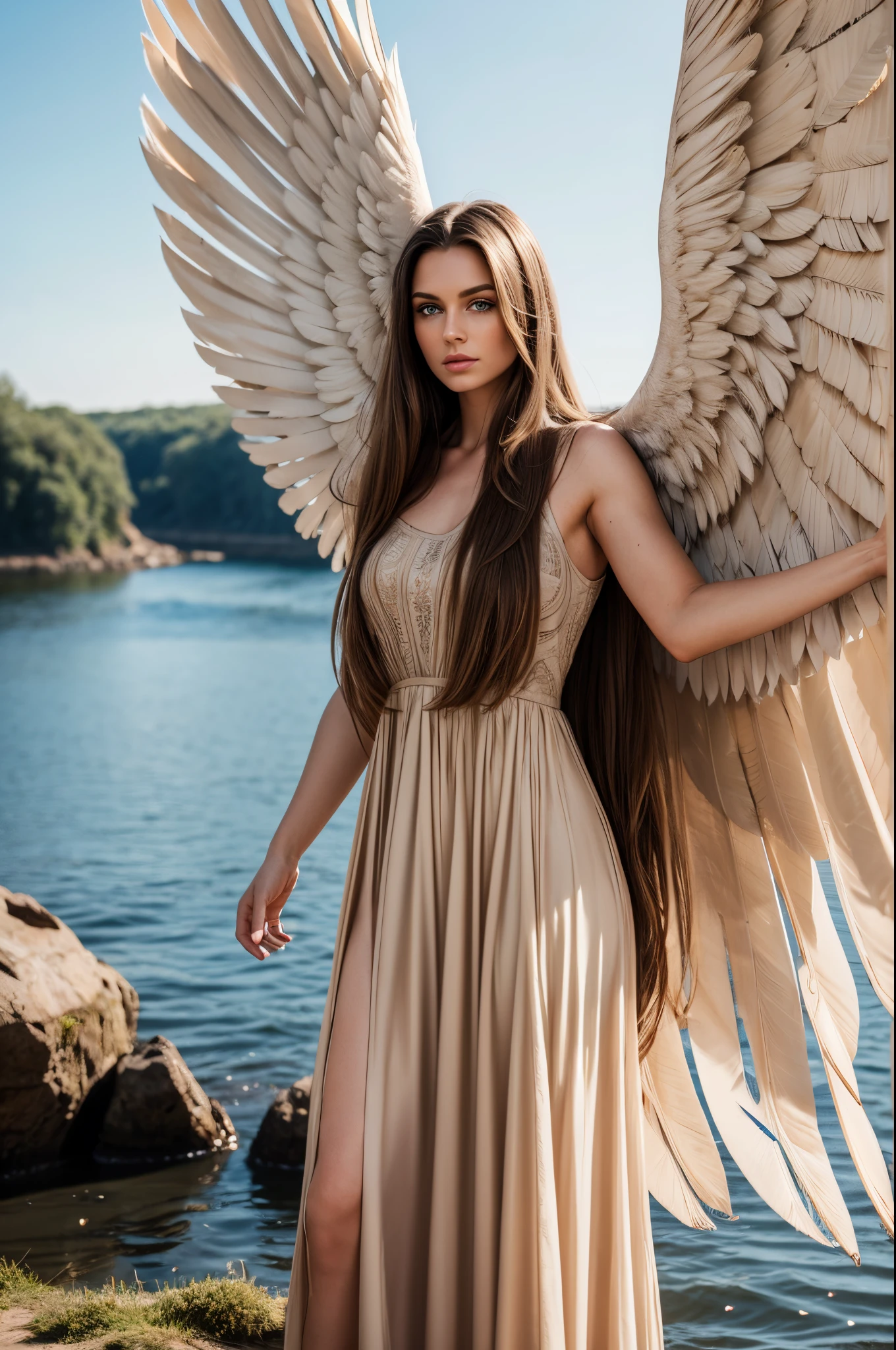 WINGED WOMAN, HUGE LONG HAIR, BROWN HAIR, HUGE BROWN FEATHERS, LONG BEIGE DRESS, PALE SKIN, BLUE EYES, MUSCLES, SUN, RIVER, ANGEL FROM HEAVEN